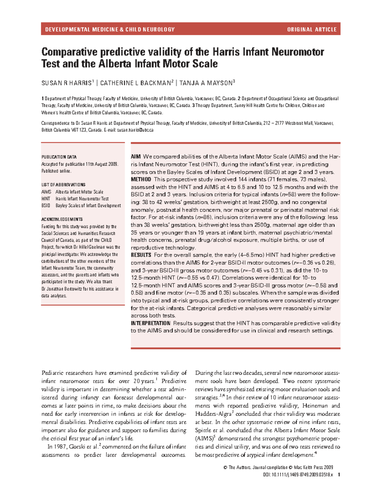 Comparative Predictive Validity of HINT and AIMS in Infant Development ...