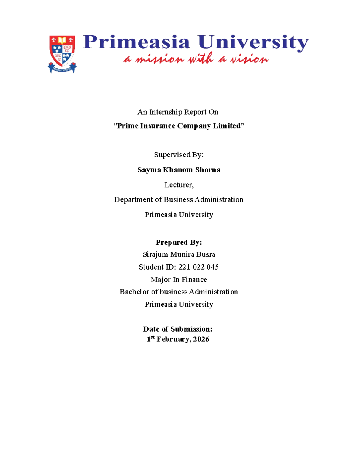Internship Report on Prime Insurance Company - BBA Program - Document Preview