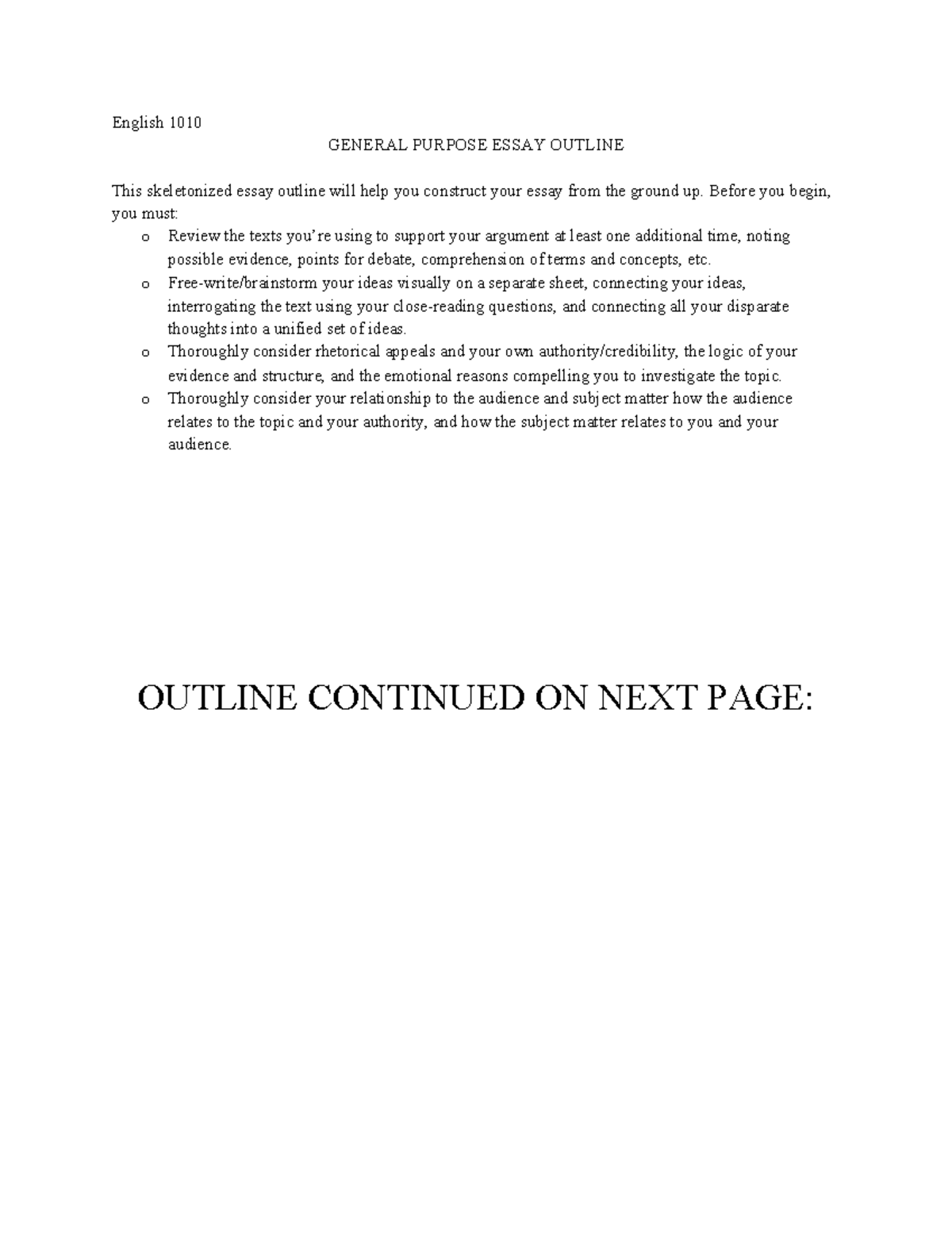 English 1010 General Purpose Essay Outline Guide - Studocu