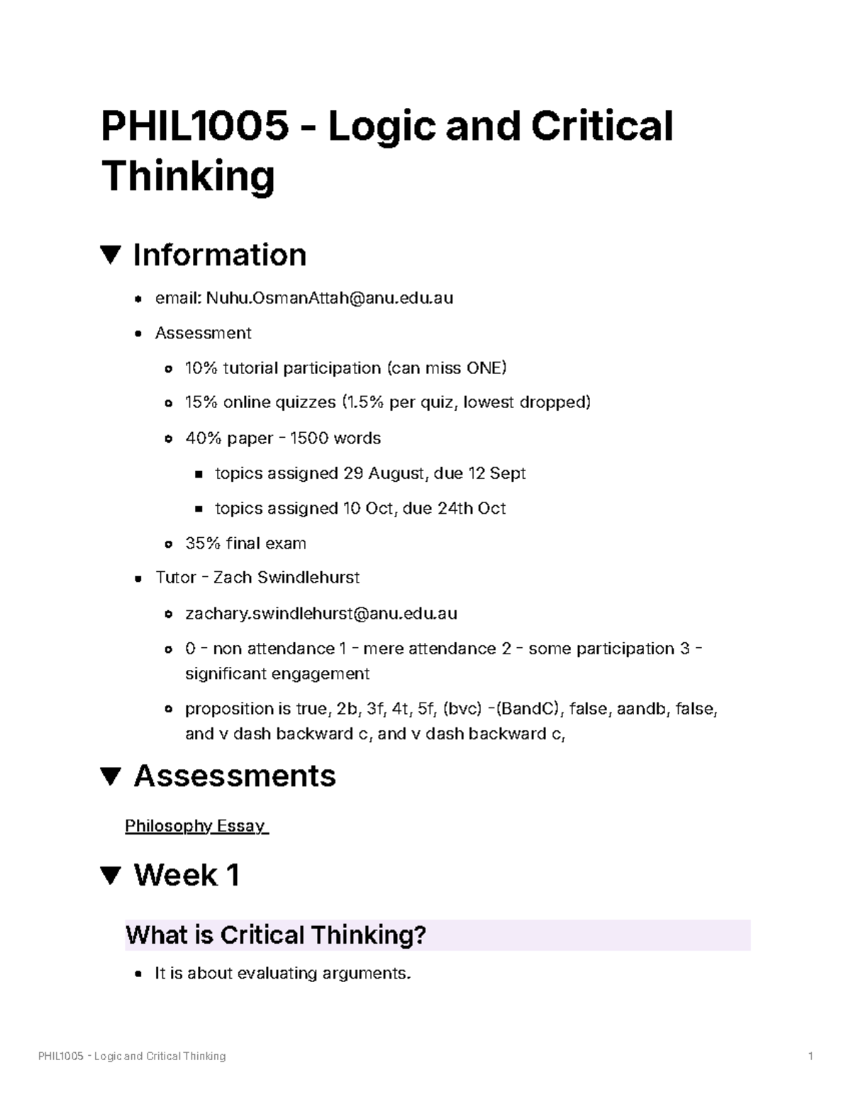 PHIL1005 Logic and Critical Thinking Comprehensive Lecture Notes - Studocu