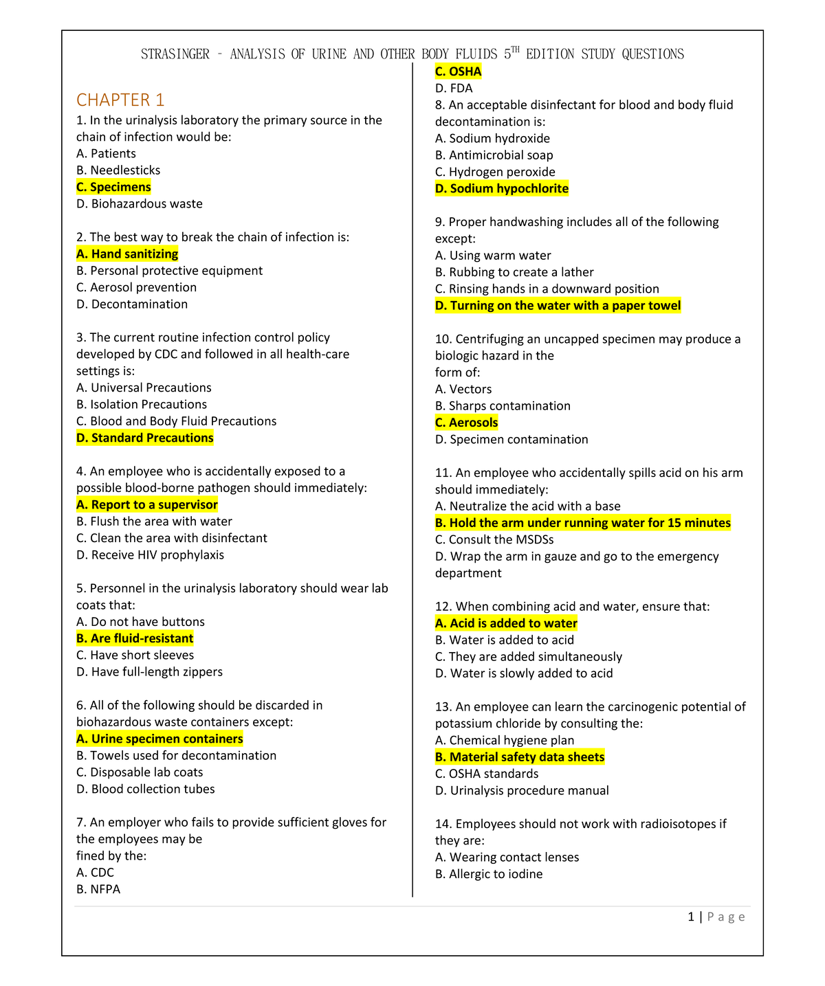 AUBF - Strasinger: Edition Study Questions for Analysis of Urine 5 ...