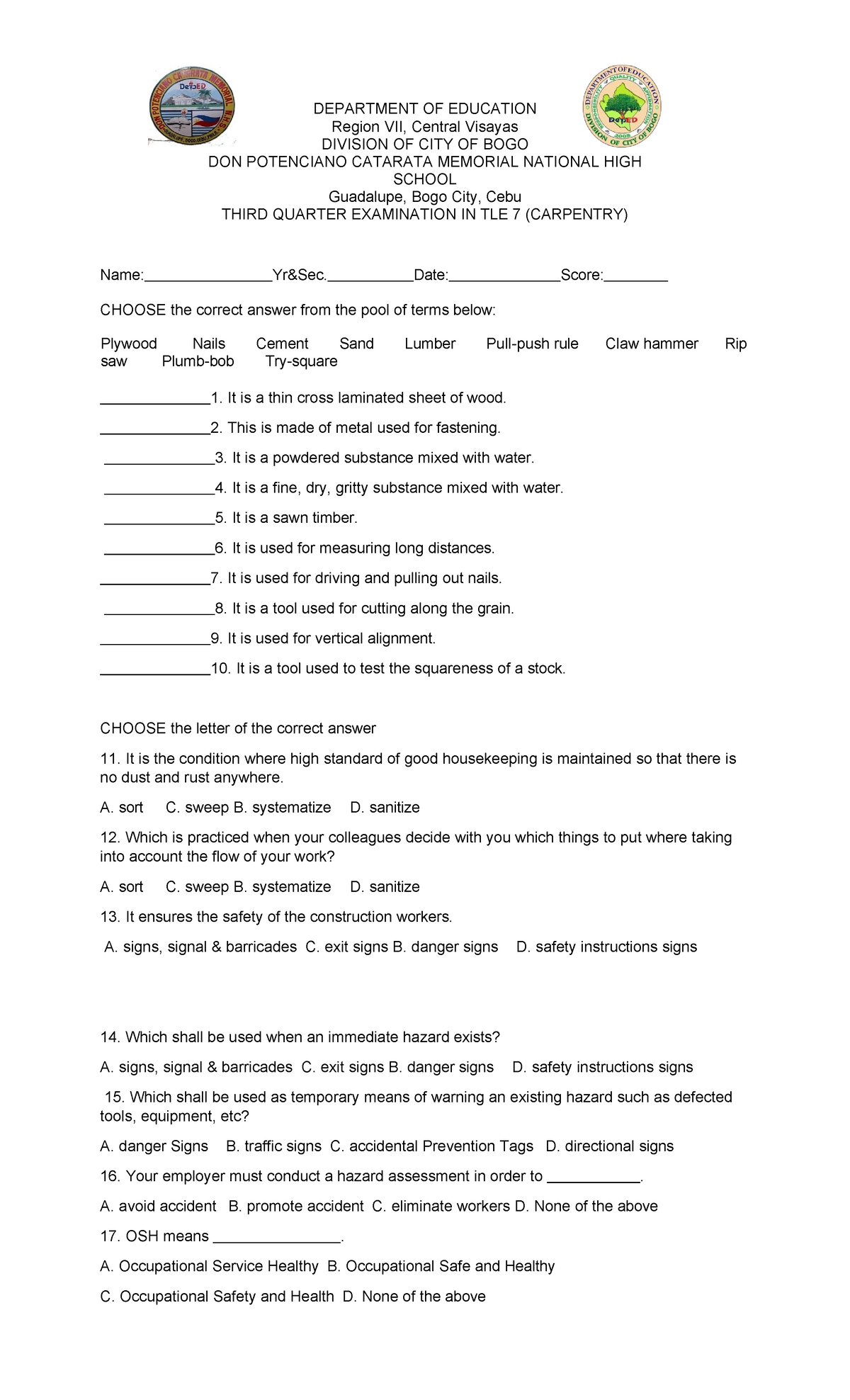 3rd Periodical Test TLE 7: Carpentry Safety & Tools Assessment - Studocu