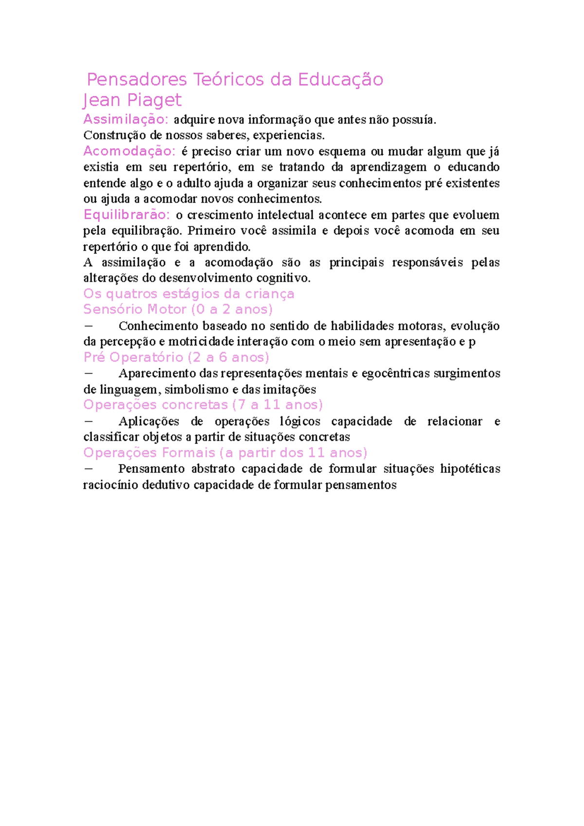 Pensadores Teóricos da Educação: Piaget, Freire e Montessori - Studocu