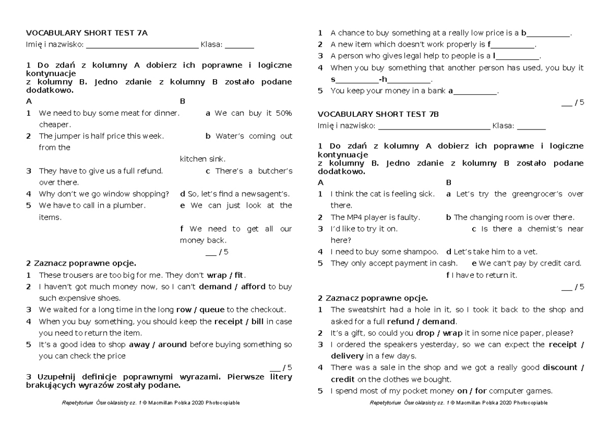 Unit 7 Vocabulary Short Test A & B - Studocu