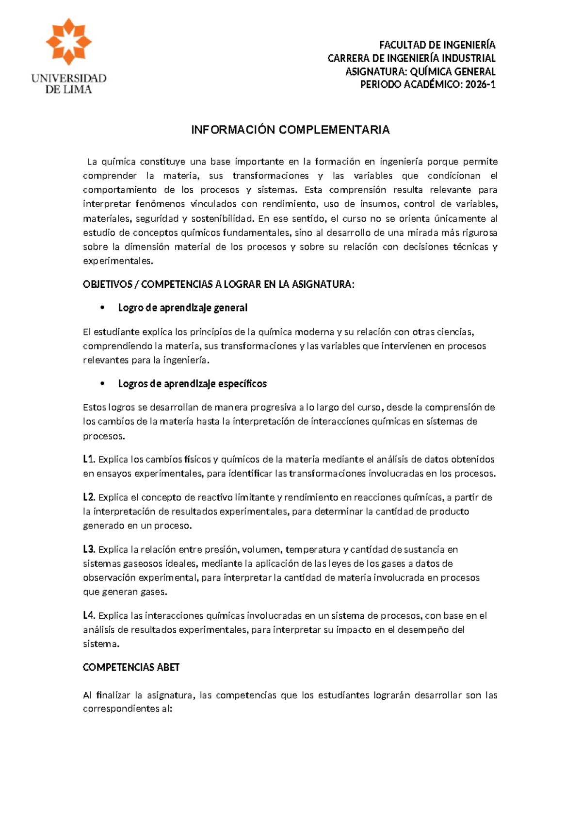 Información Complementaria - Química General (2026-1) - Studocu
