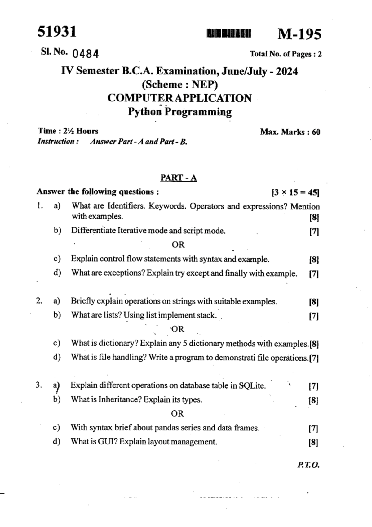 B.C.A. IV Sem Python Programming Exam QP 2024 - Study Notes - Studocu