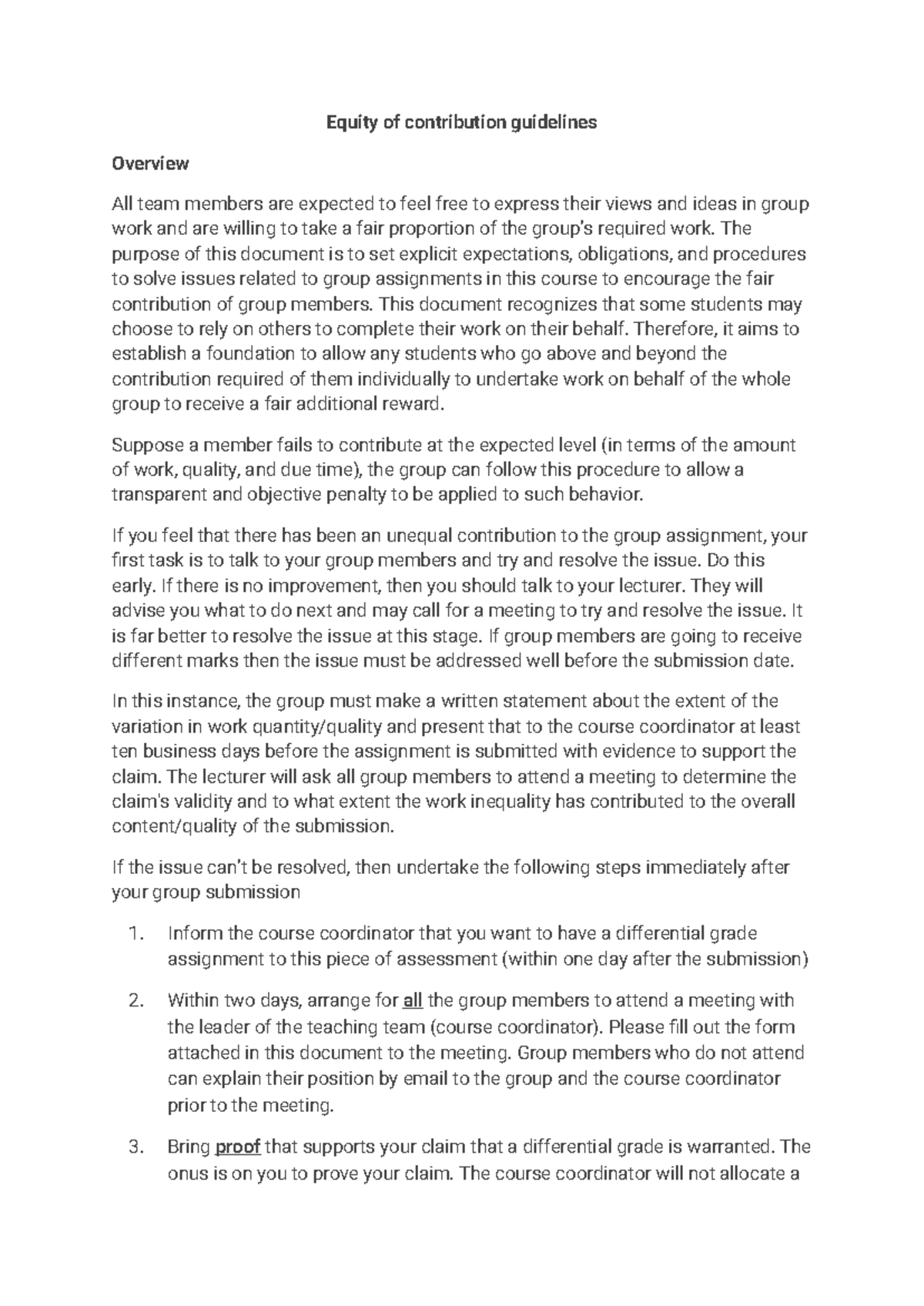 Equity of Contribution Guidelines: Group Work Expectations (Course Code ...