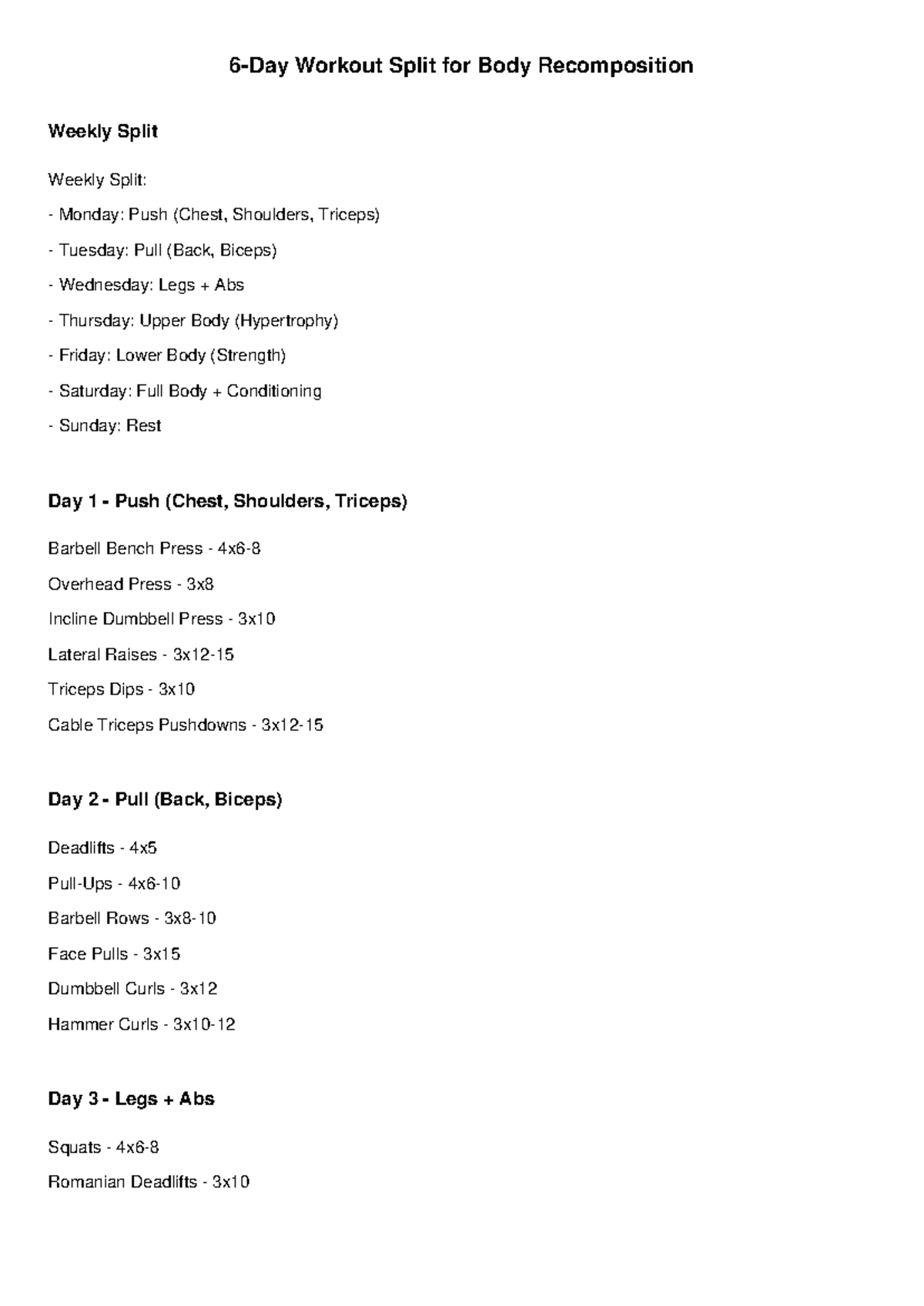 6-Day Recomp Workout Split: Weekly Training Plan - Studocu