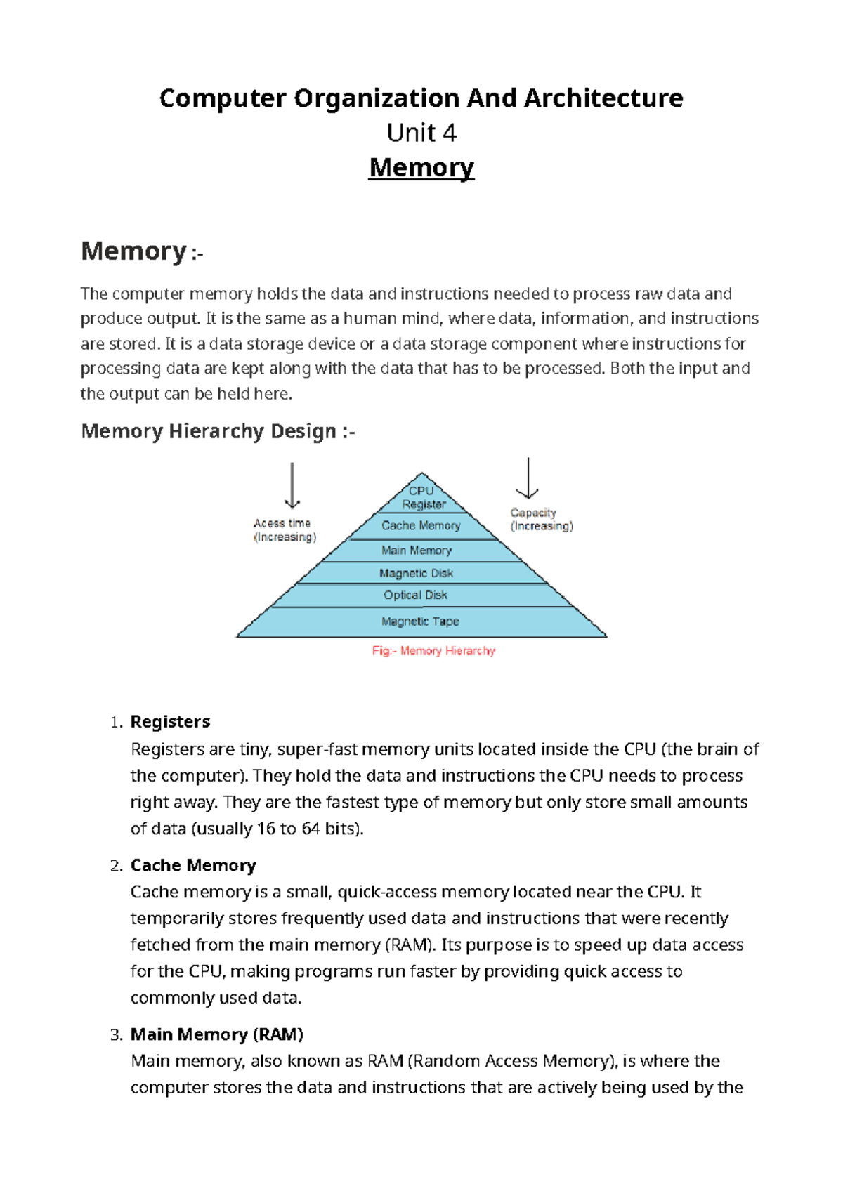 COA-Unit 4 - In-Depth Analysis of Memory Architecture and Types - Studocu