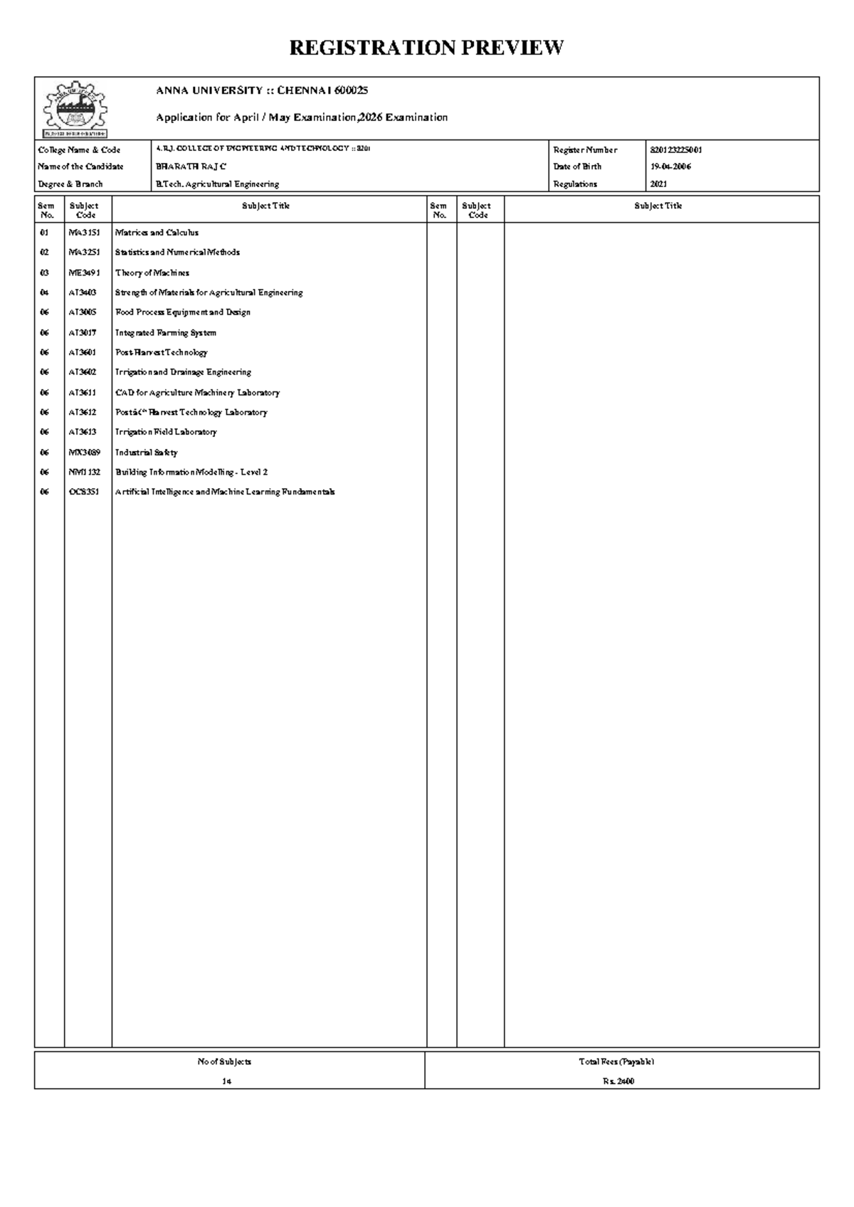 Anna University B.Tech Agricultural Engineering April-May 2026 Exam ...