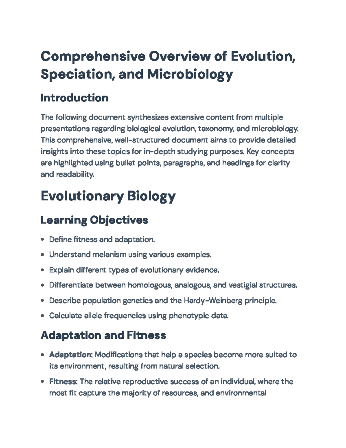 Comprehensive Overview of Evolution (BIO 101) and Microbiology Concepts ...
