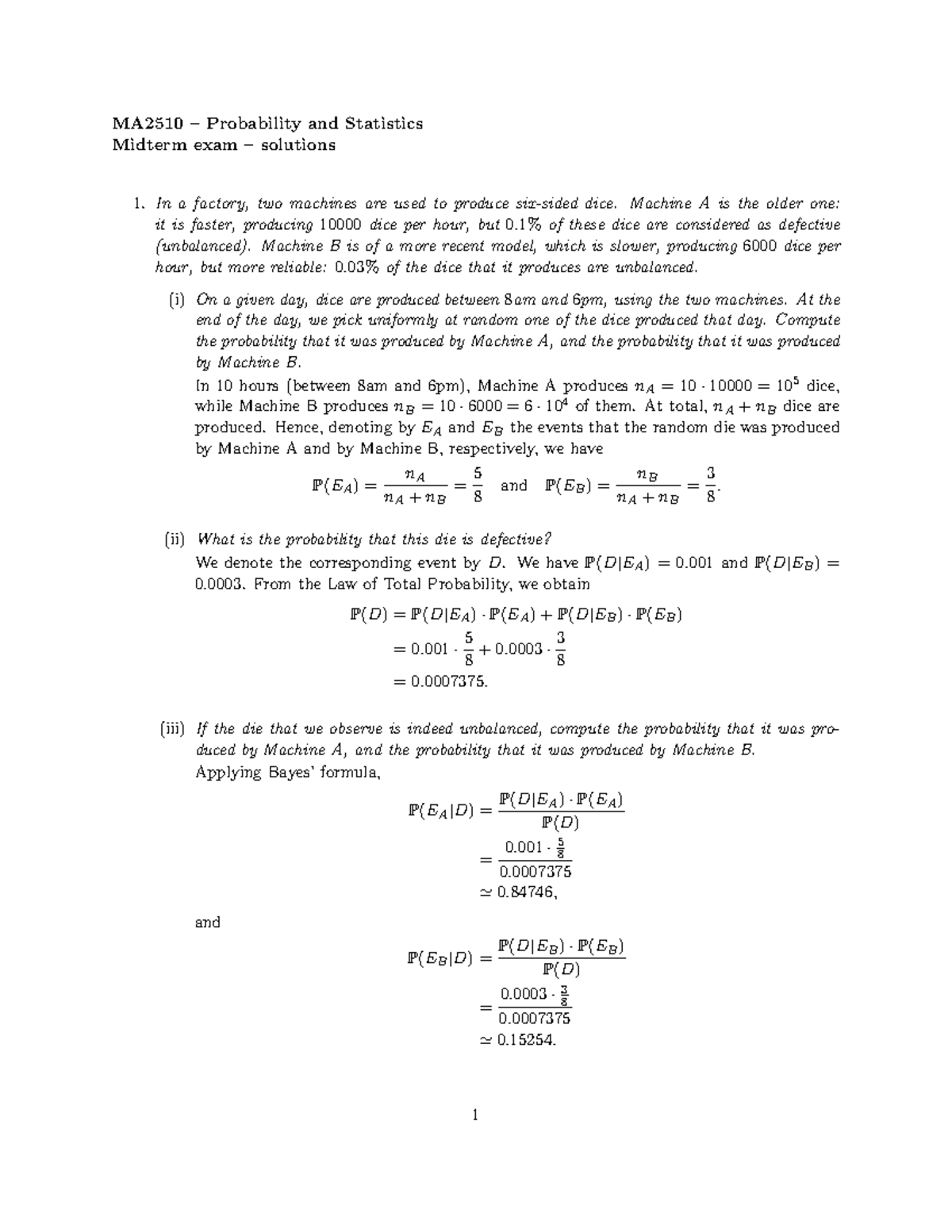 MA2510 Midterm Exam Solutions: Probability & Statistics Insights - Studocu