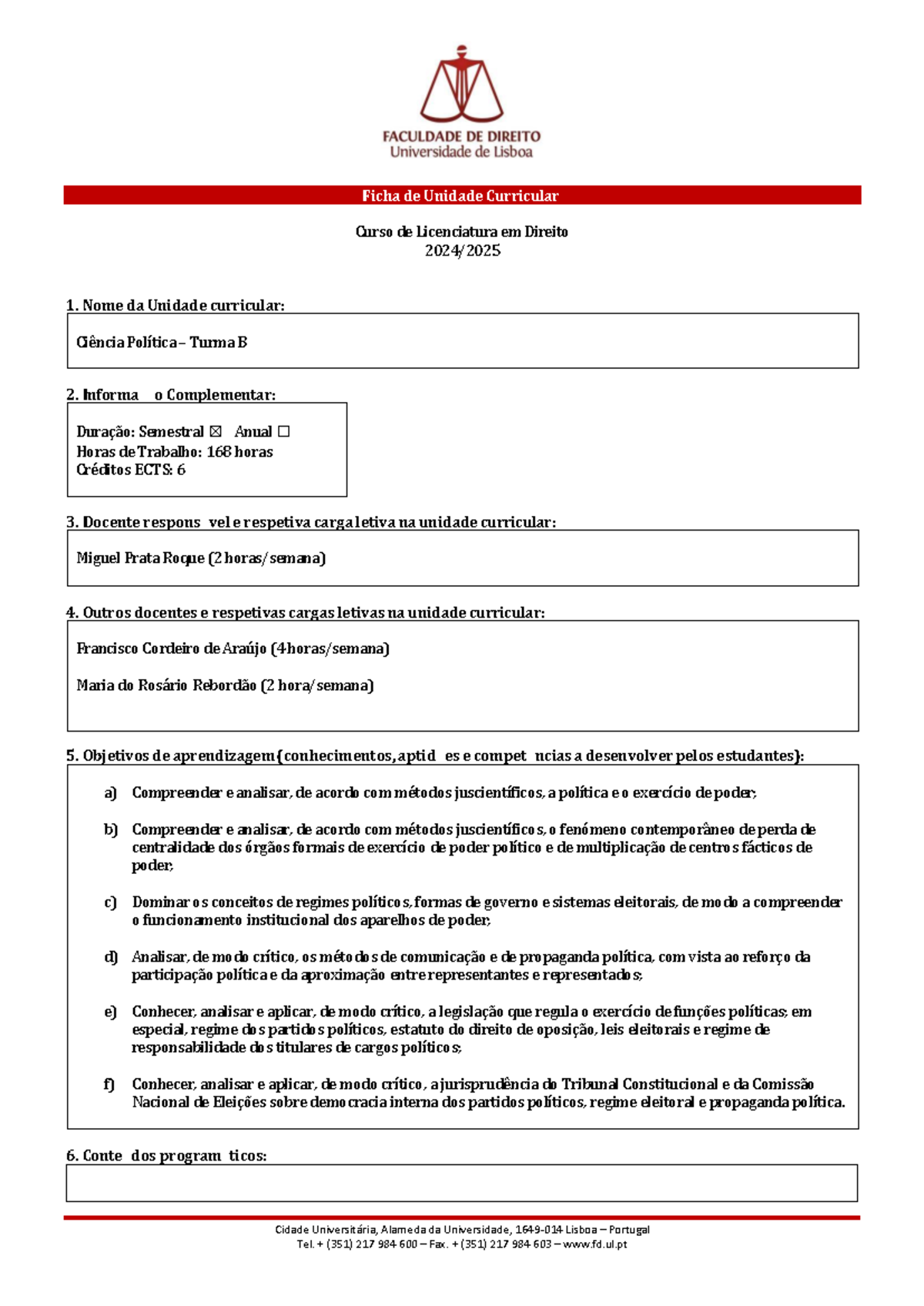 Ficha da Unidade Curricular: Ciência Política - Curso de Direito 2425 ...