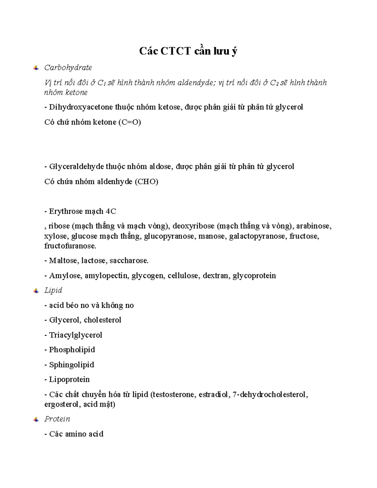 Các CTCT Cần Lưu Ý Về Carbohydrate và Lipid - Studocu