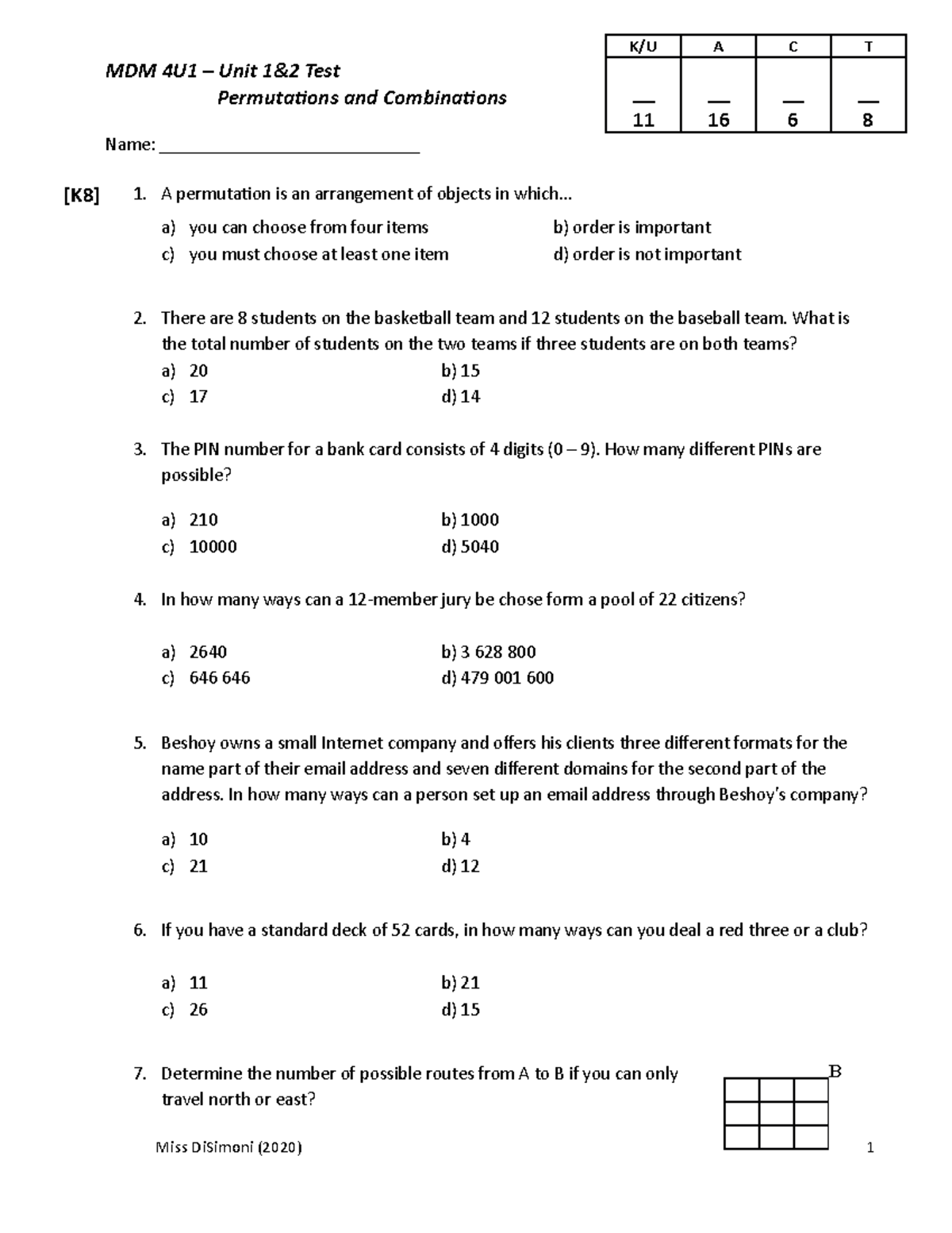 Unit 1 & 2 Test on Permutations and Combinations MDM4U - Studocu