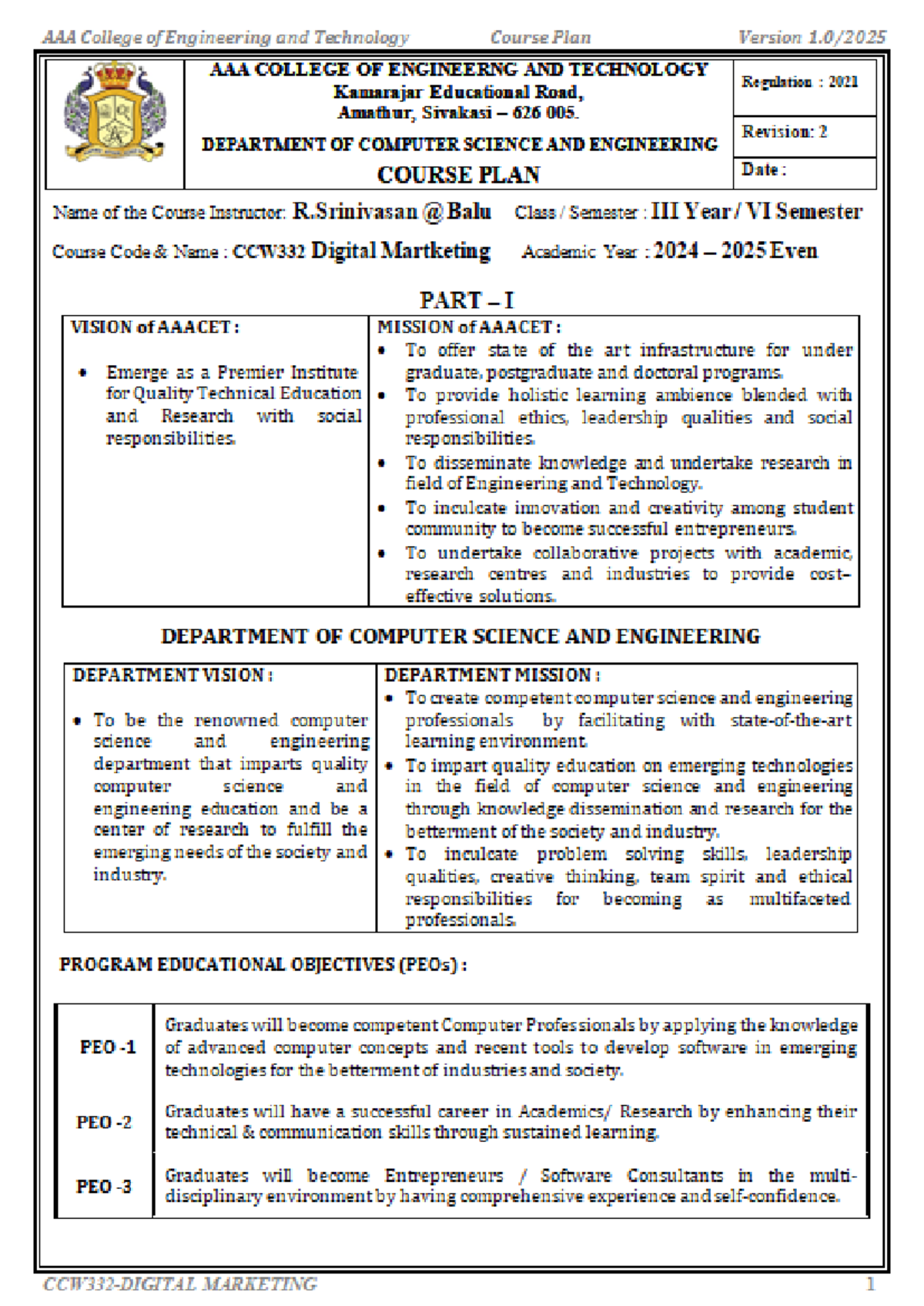 CCW332 Digital Marketing Course Plan - Academic Year 2024-2025 - Studocu