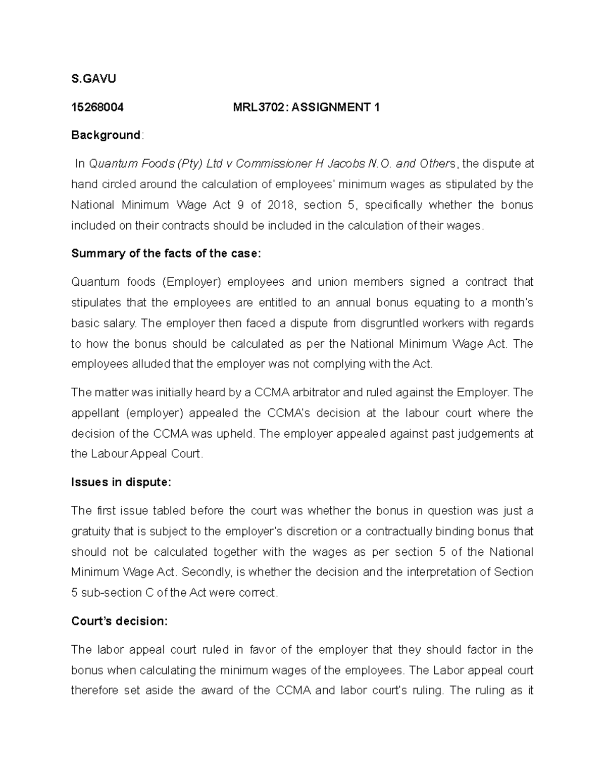 MRL3702: Assignment 1 - Case Study on Quantum Foods Wage Dispute - Studocu