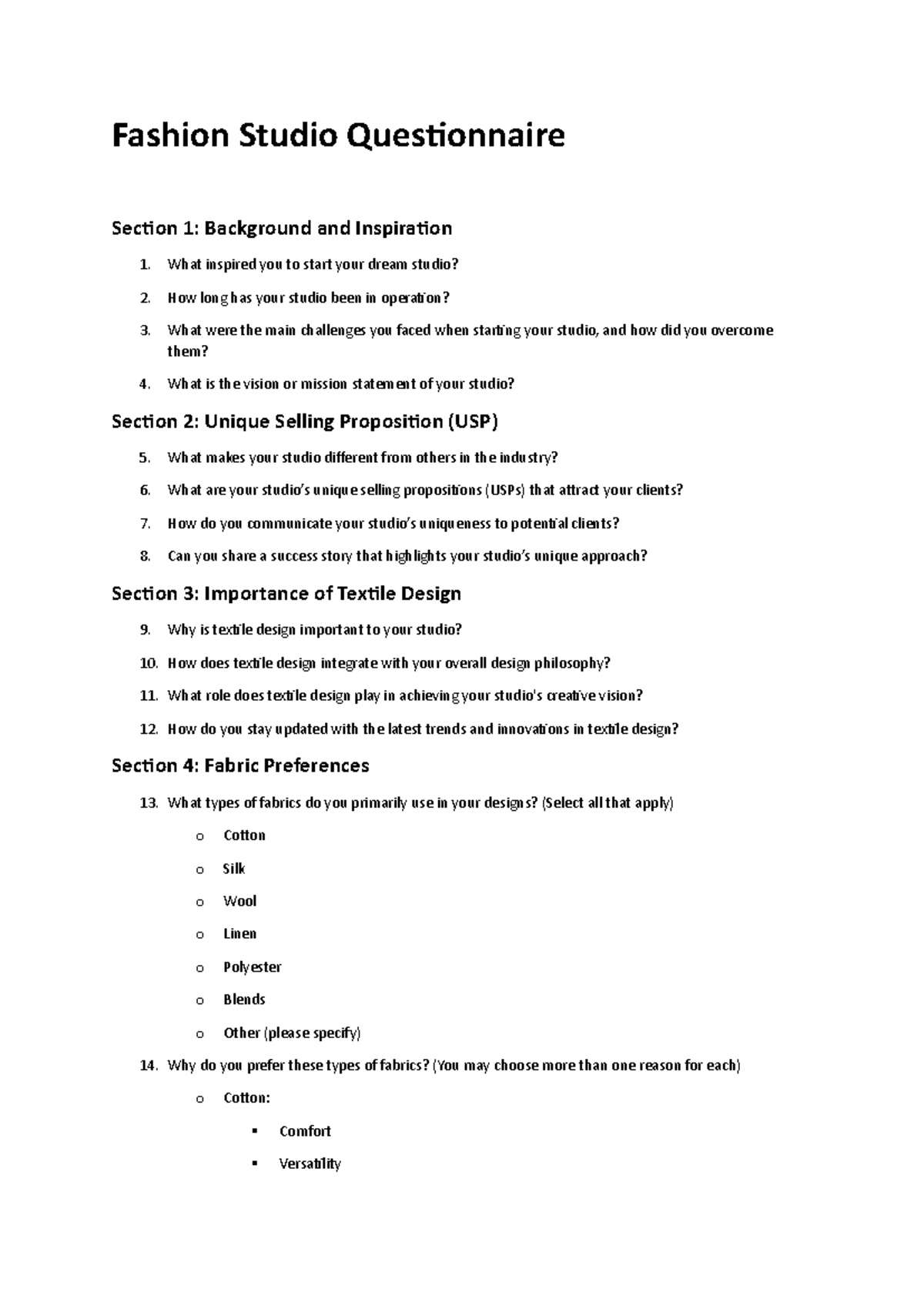 Fashion Studio Questionnaire: Insights & Approaches to Design - Studocu