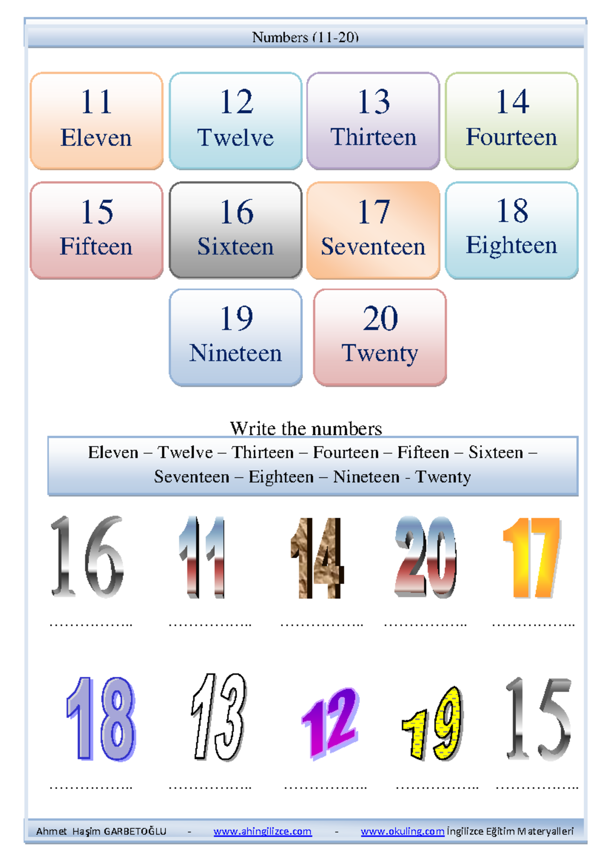 Numbers 11-20 Worksheet for English Education Materials - Studocu