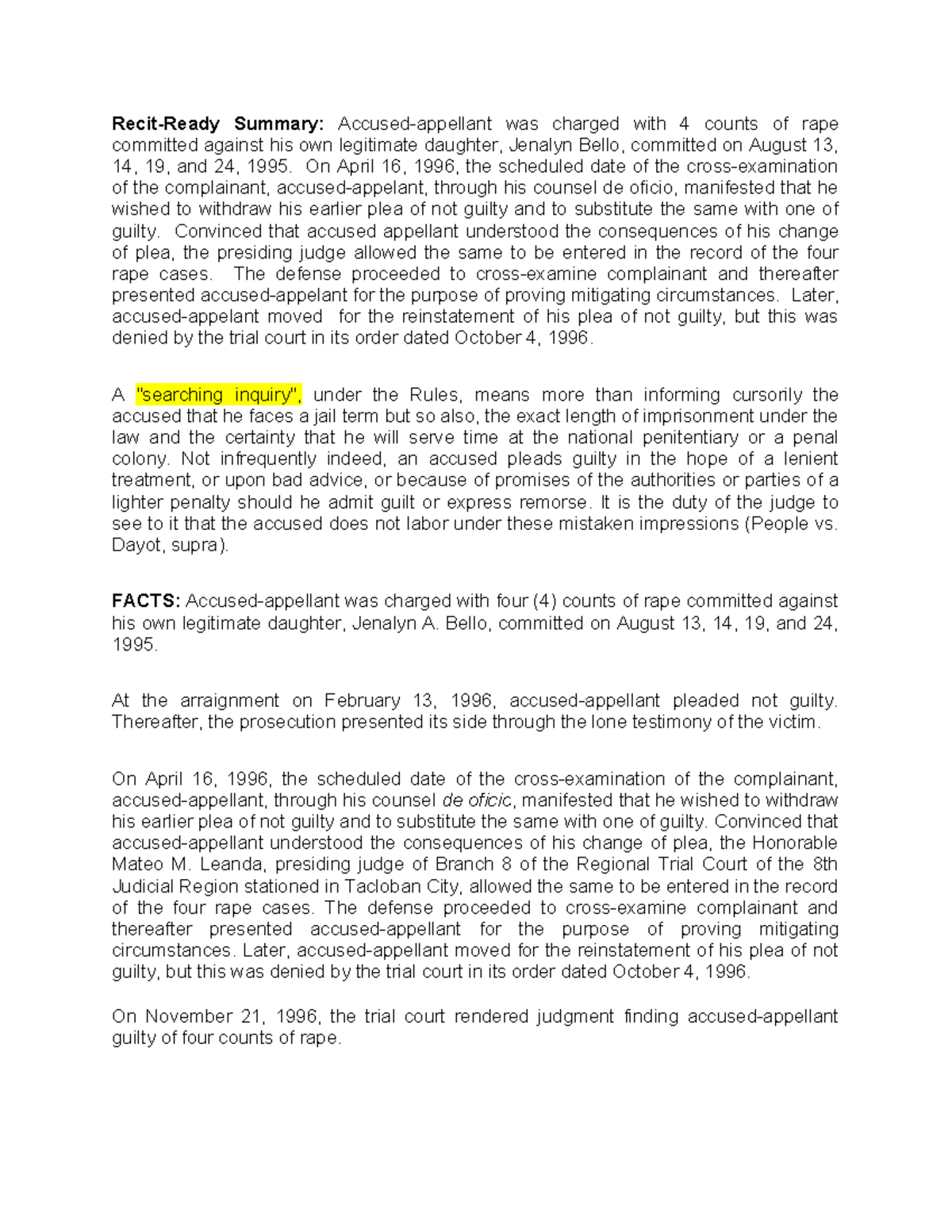 People v. Bello: Case Summary of Guilty Plea and Trial Issues - Studocu