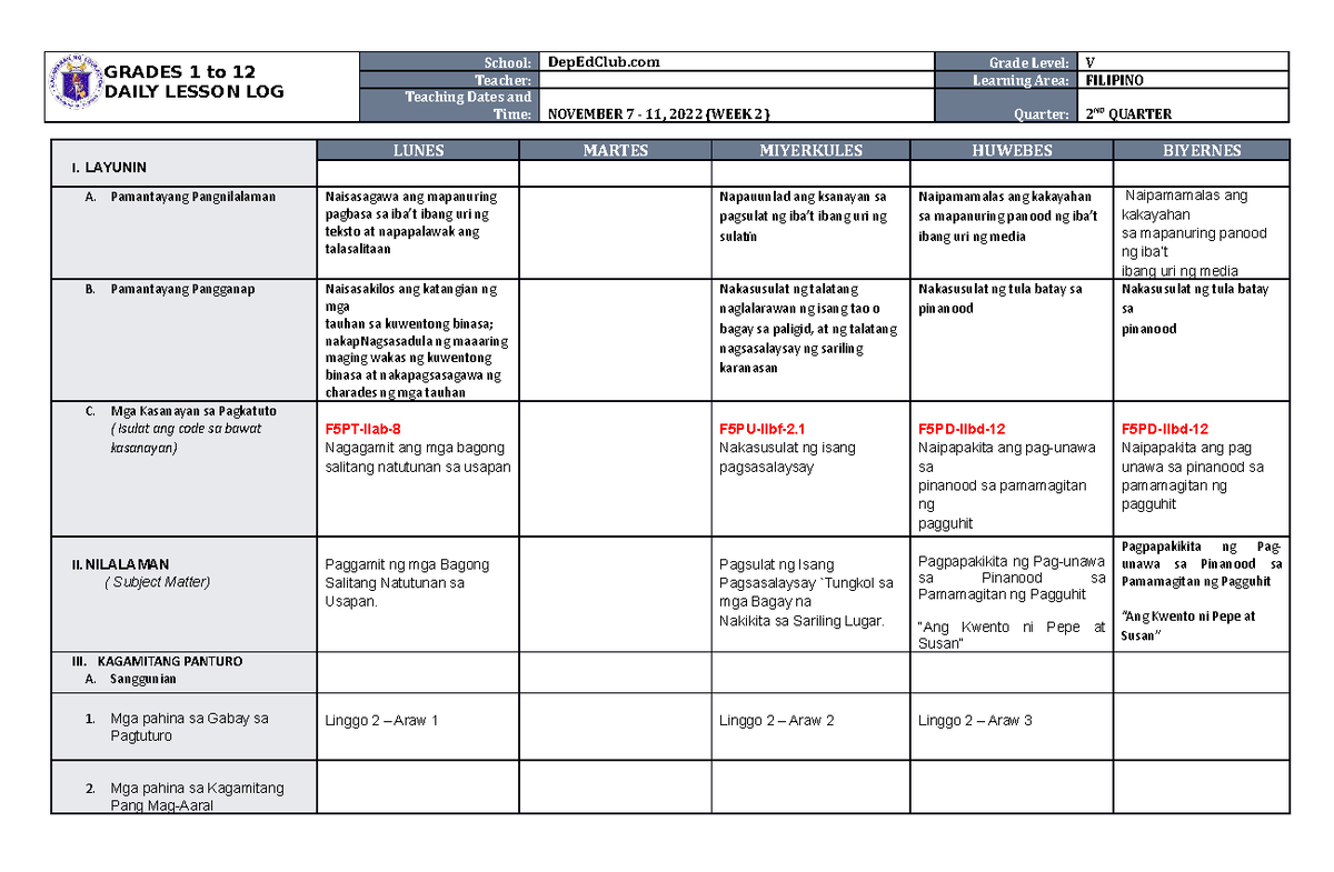 DLL Filipino 5 Q2 W2 - Weekly Lesson Plan and Activities - Studocu