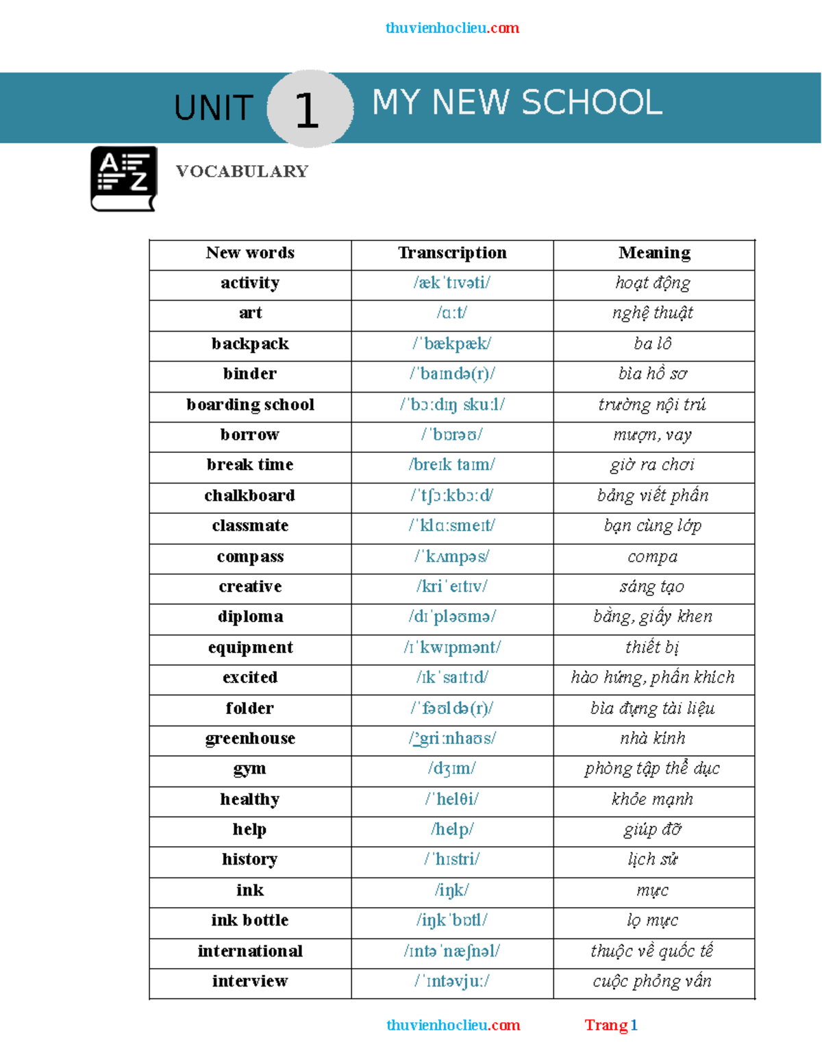 Unit 1 - G6 Vocabulary: My New School Terms and Activities - Studocu