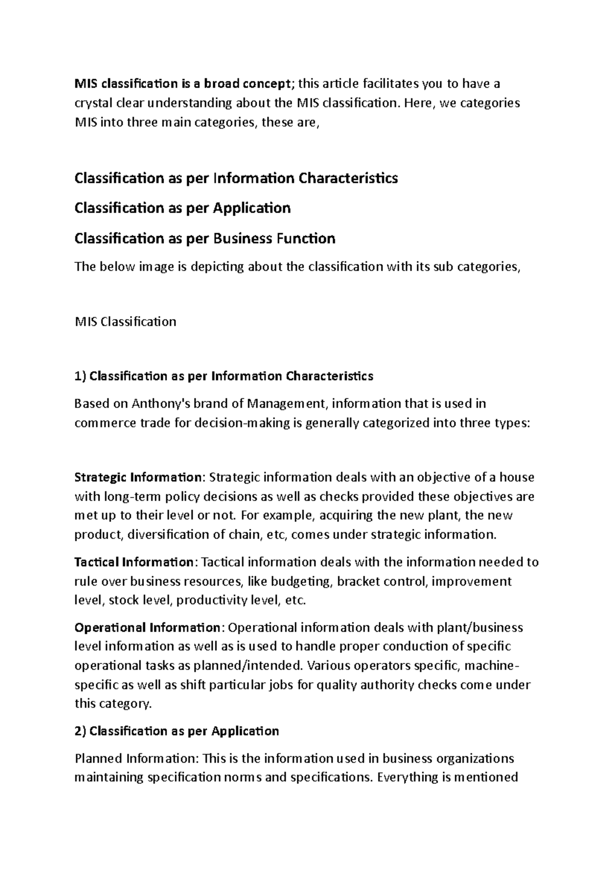 MIS Classification: Understanding Key Categories and Functions - Studocu