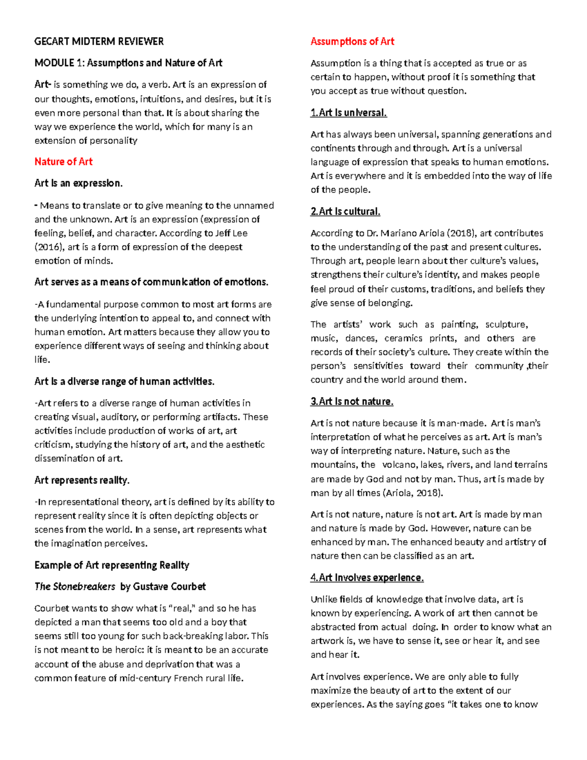 GECART- Midterm Exam Review Notes on Art Concepts and Theories - Studocu