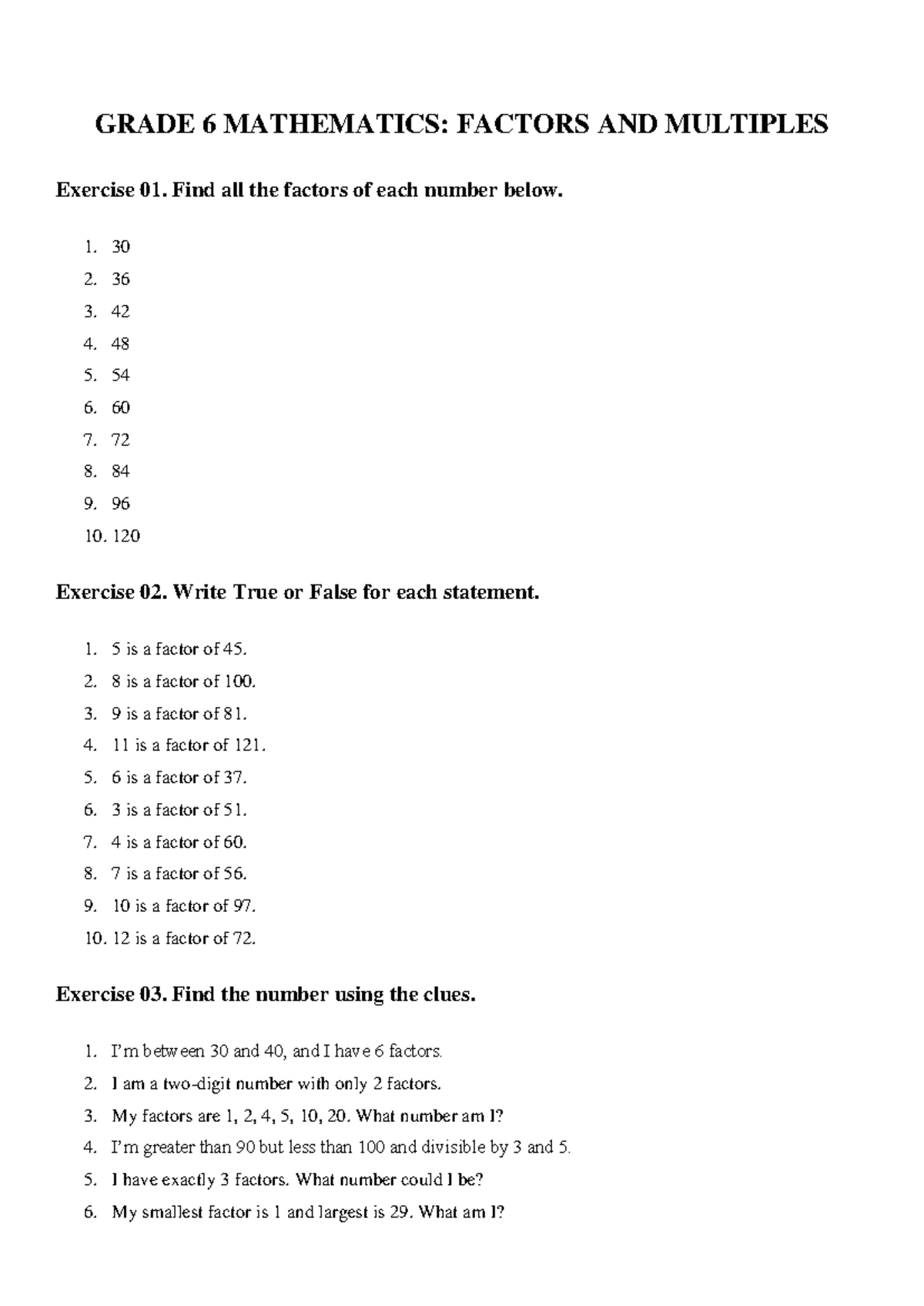 Factors Exercises - GRADE 6 MATHEMATICS: Exercise Set 01 - Studocu