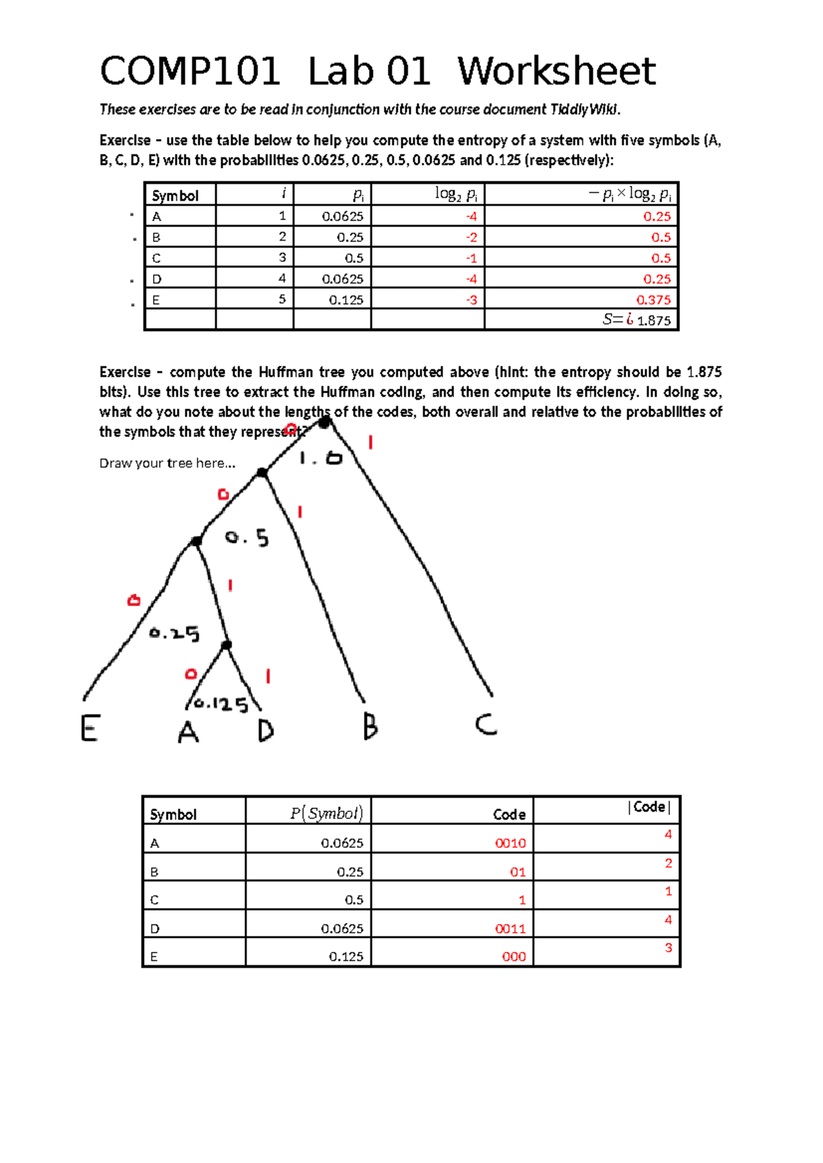 Lab01-Worksheet: Entropy & Huffman Coding Exercises Compiled - Studocu