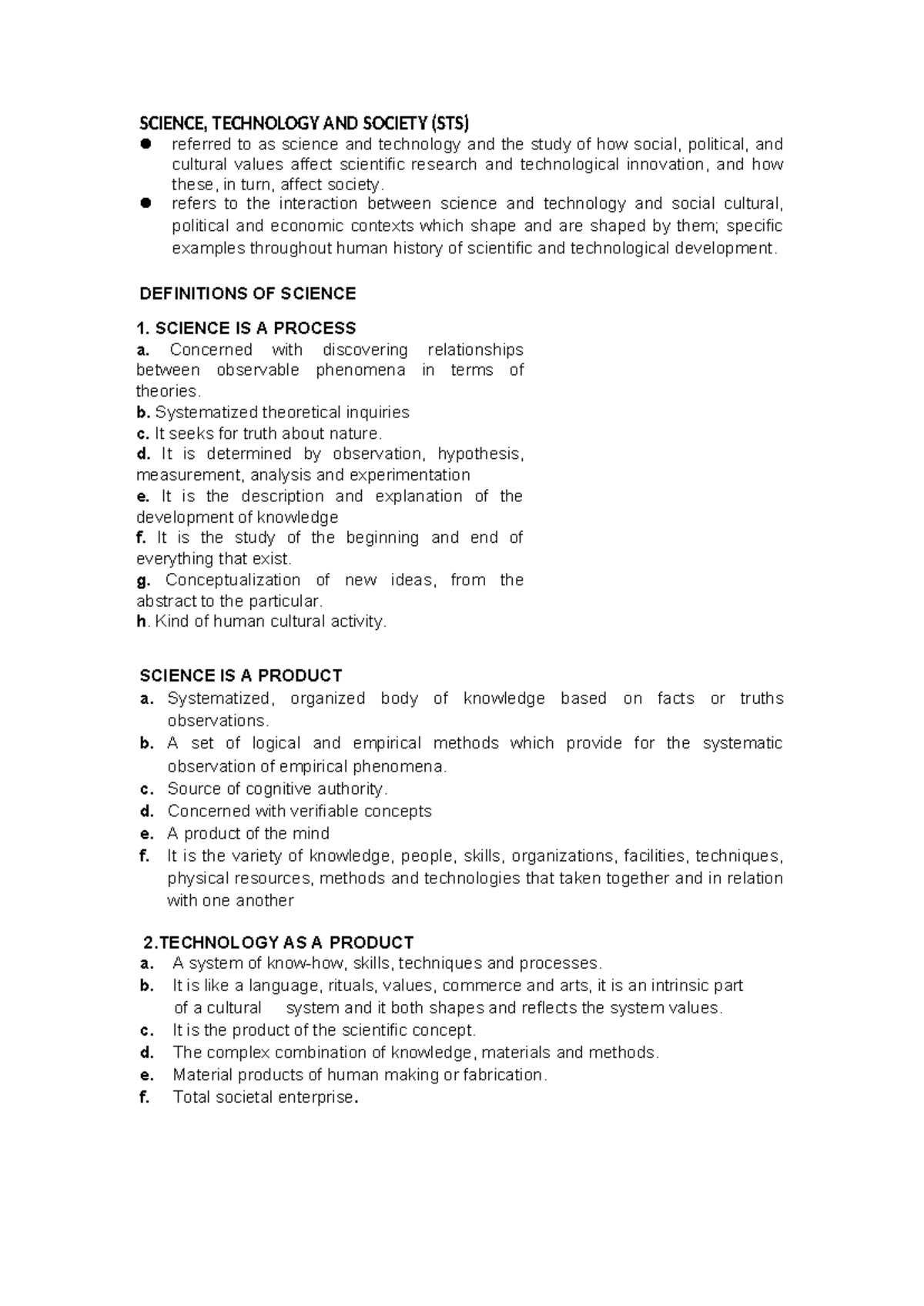 Scitec - Notes - SCIENCE, TECHNOLOGY AND SOCIETY (STS) referred to as ...