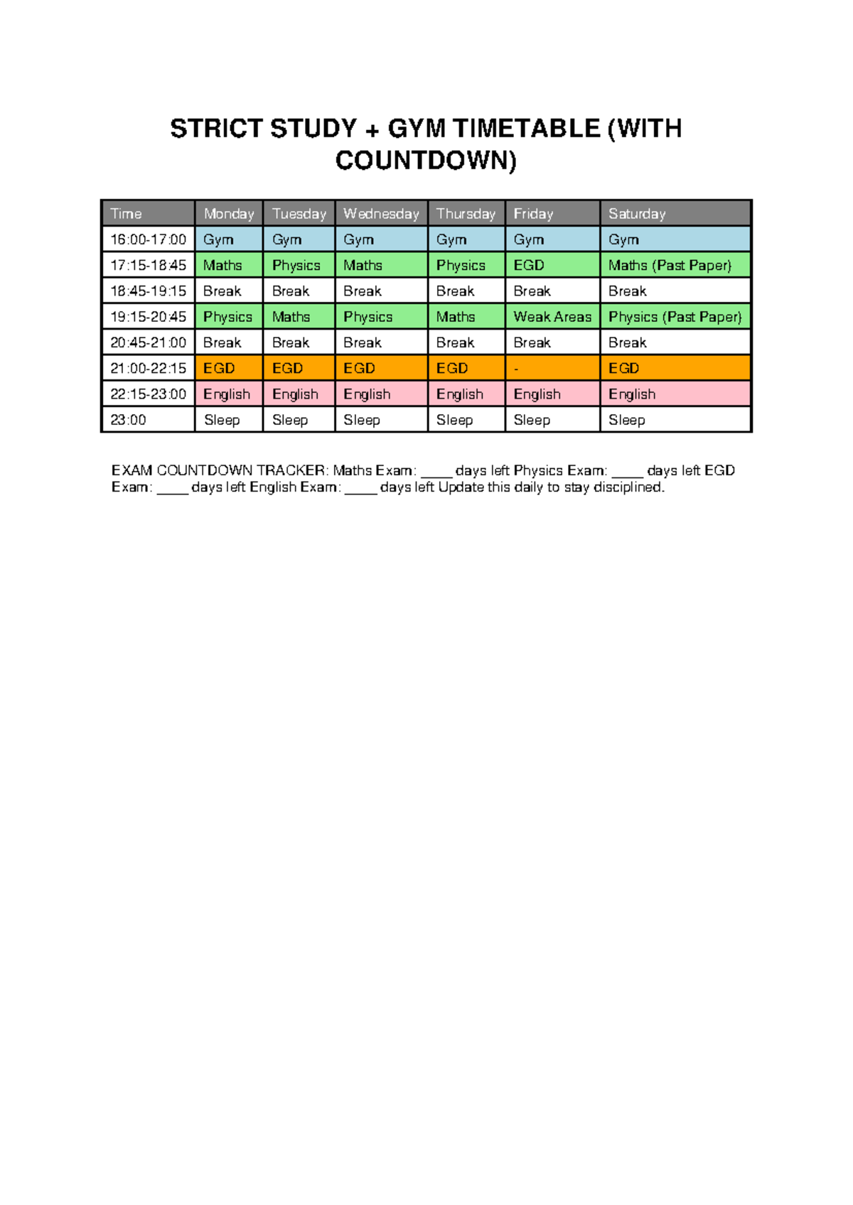 Visual Strict Timetable - STRICT STUDY + GYM TIMETABLE (WITH COUNTDOWN ...