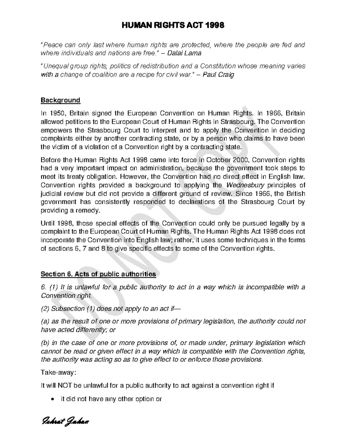 HRA-1998: Comprehensive Overview of the Human Rights Act 1998 - Studocu