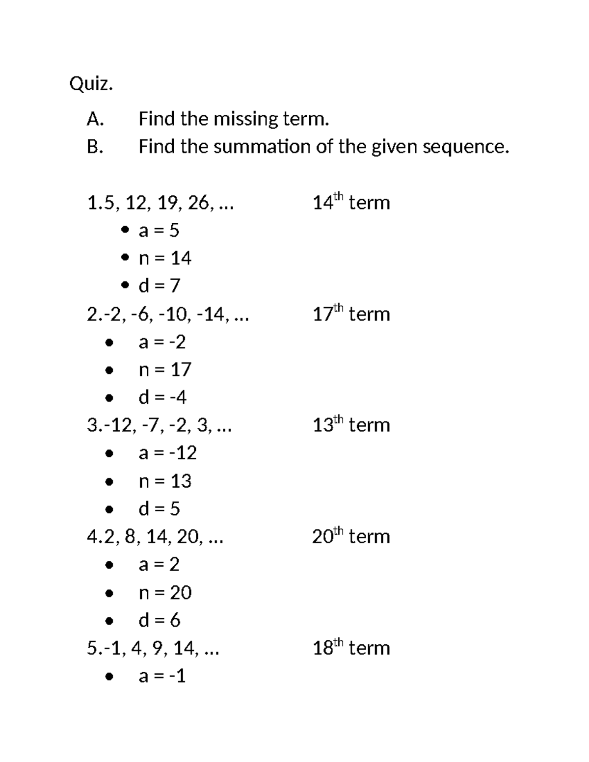 Quiz GEN111 - Arithmetic Sequence Problems - Studocu