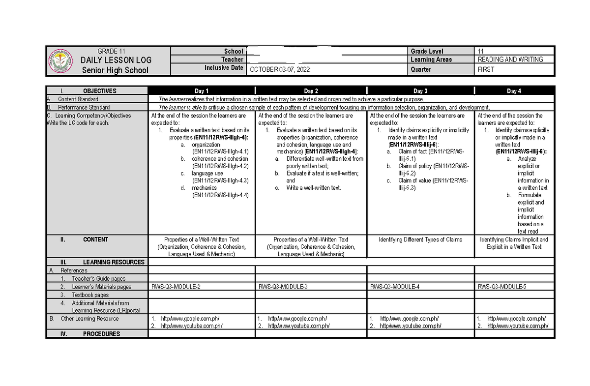 Daily Lesson Log for Grade 11 EN11/12RWS - Q1 (Oct 3-7, 2022) - Studocu