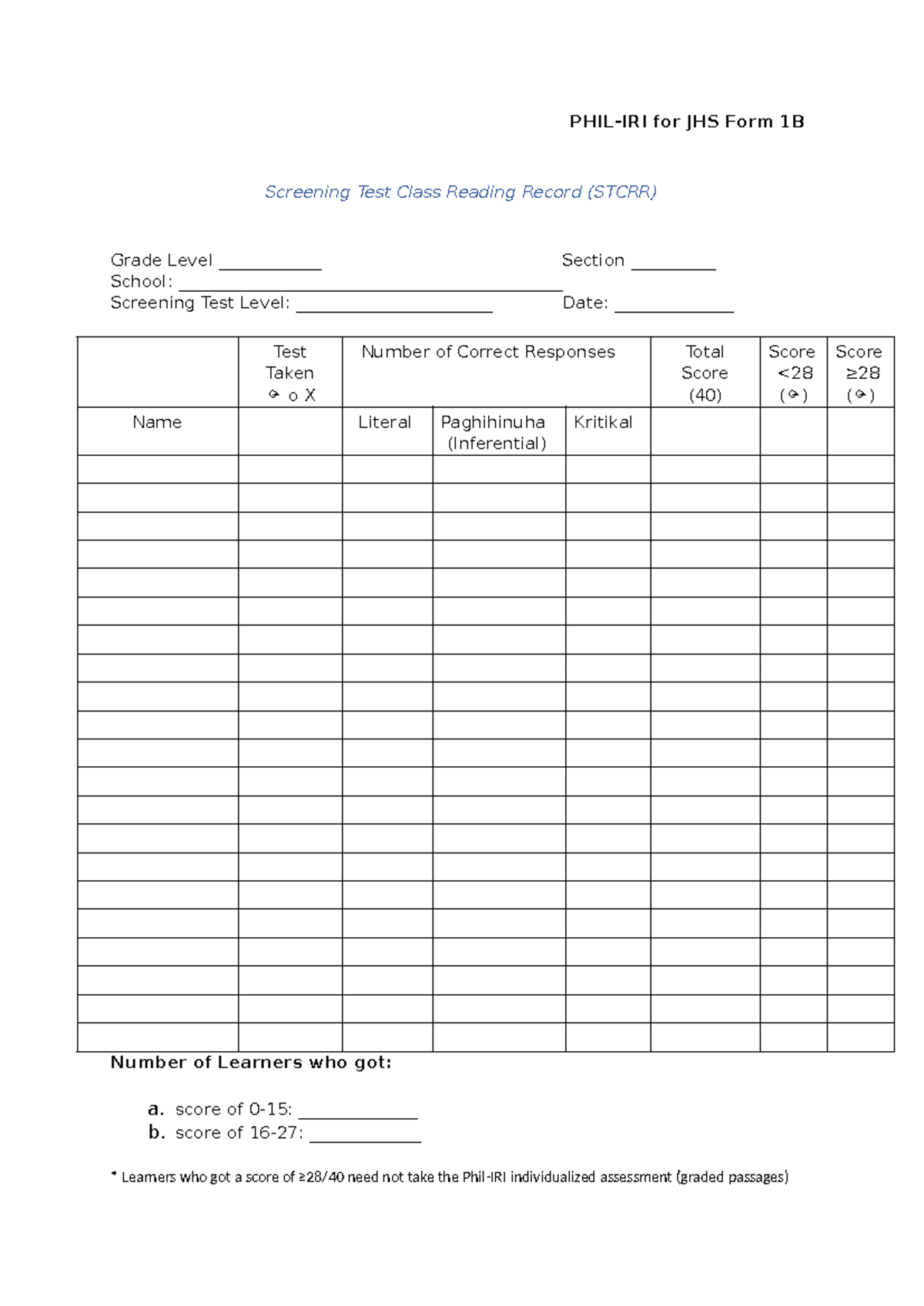 Philiri FORM 1B - phil iri mid test - PHIL-IRI for JHS Form 1B ...