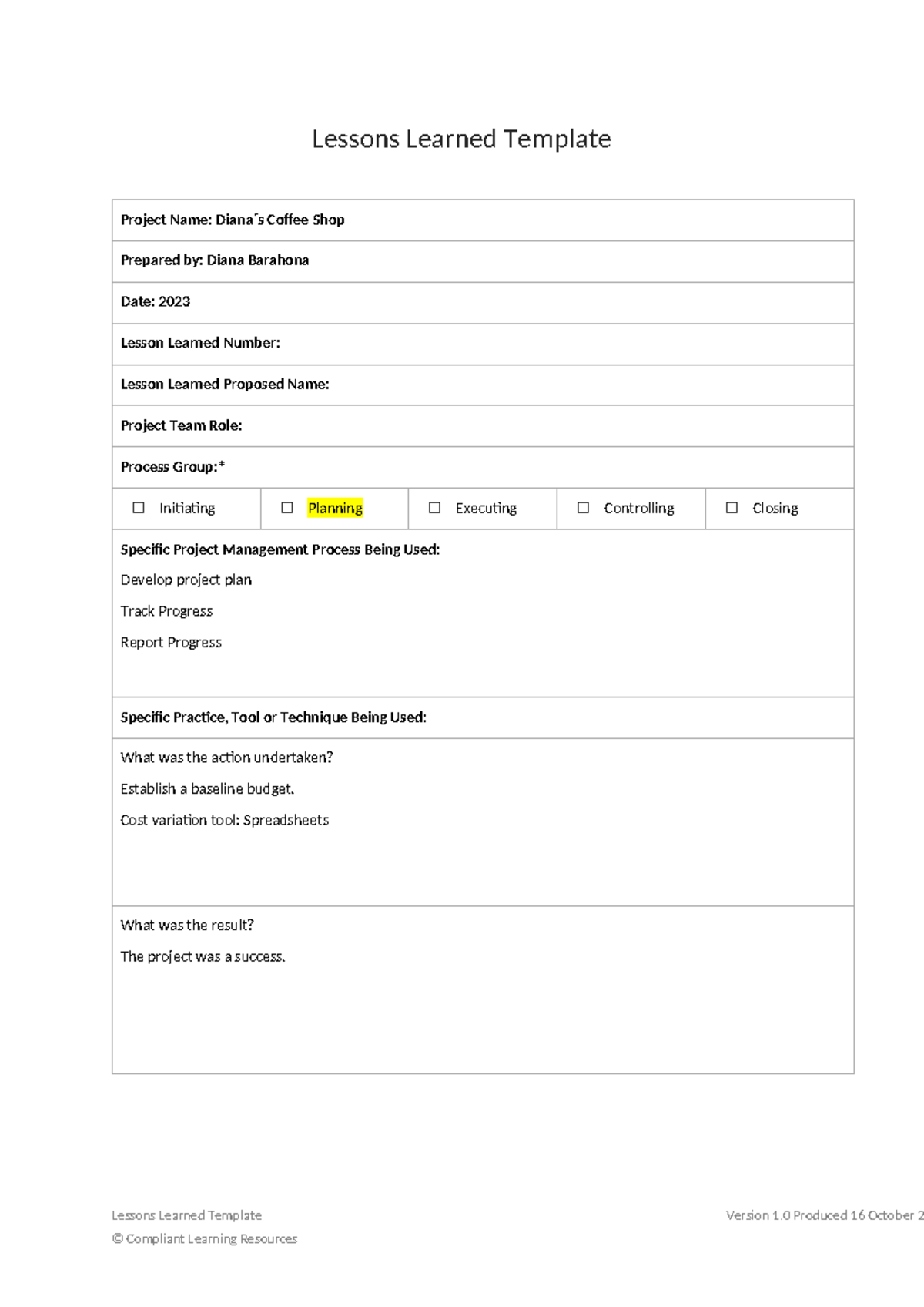 Lessons Learned Template: Coffee Shop Project Management Insights - Studocu