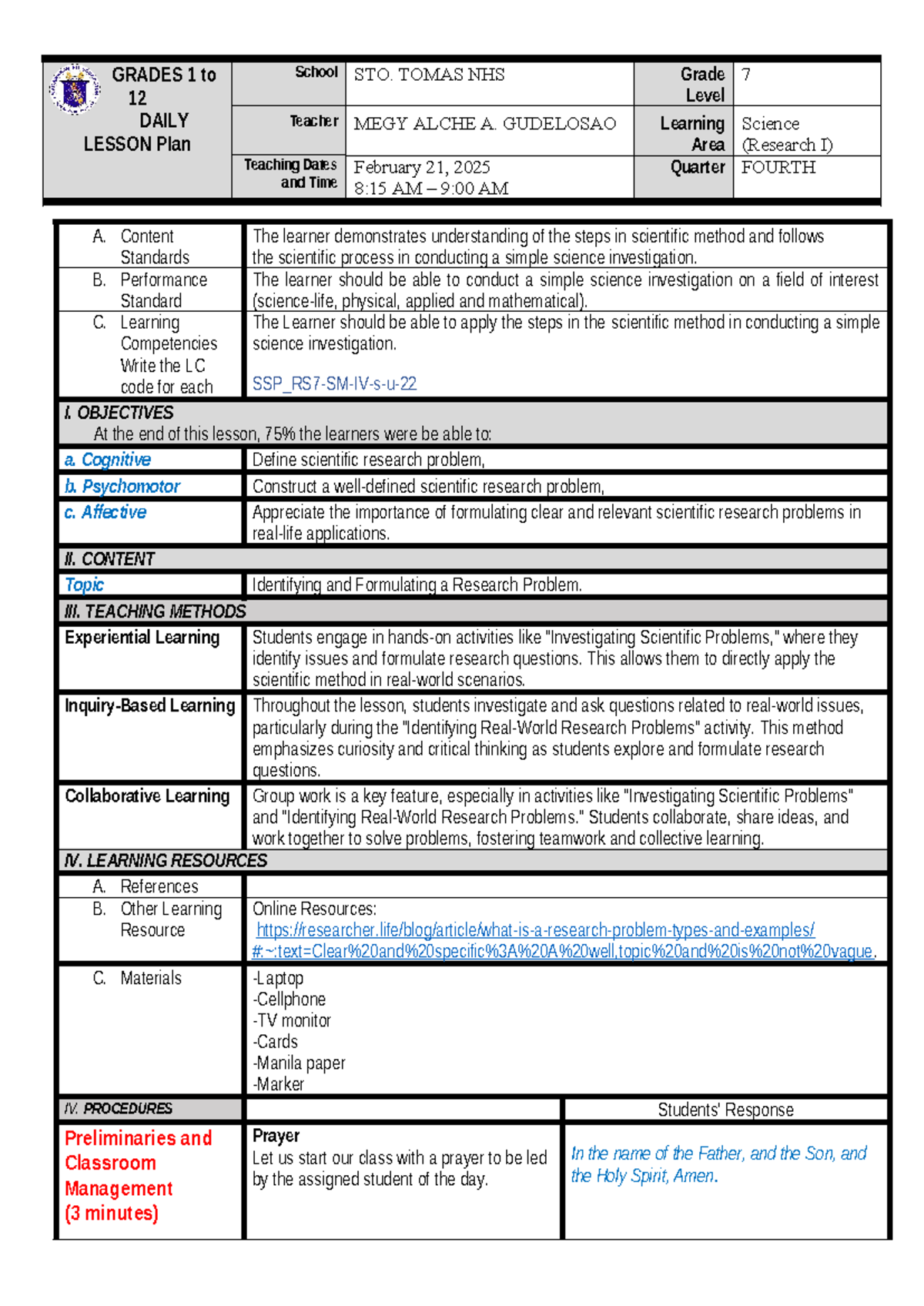 Identifying & Formulating Research Problems for Science Lesson - LP ...