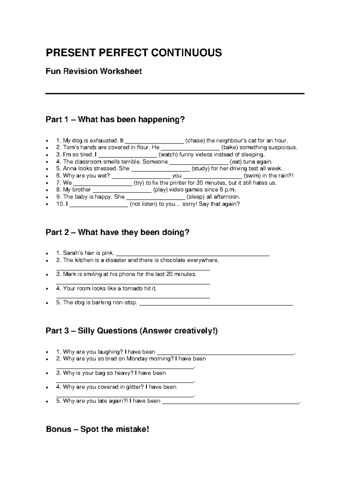 Present Perfect Continuous Fun Revision Worksheet Part 1 - Studocu