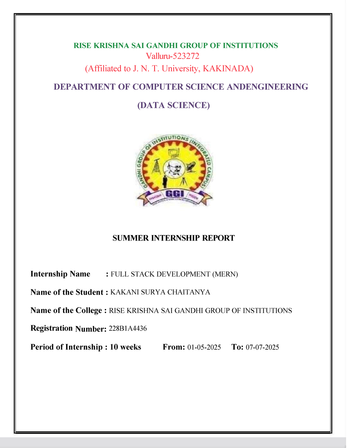 Internship Report on Full Stack Development (MERN) - B.Tech 228B1A4436 ...