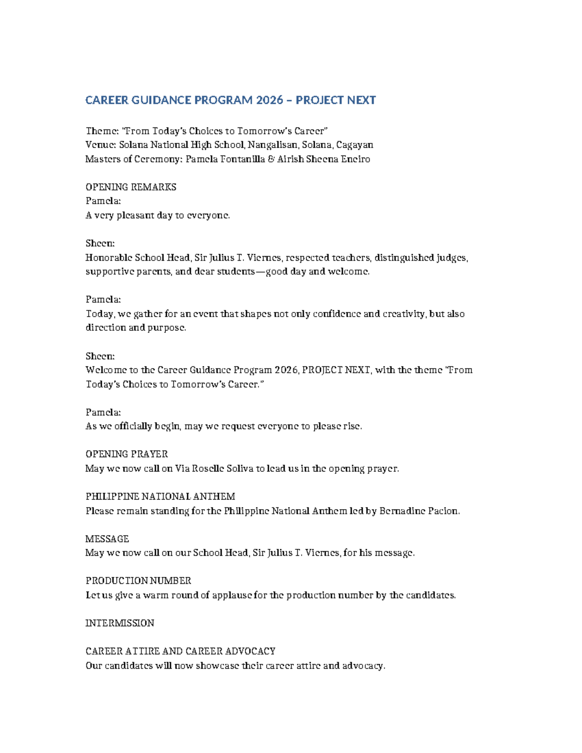 Career Guidance Program 2026 Emcee Script: PROJECT NEXT - Studocu