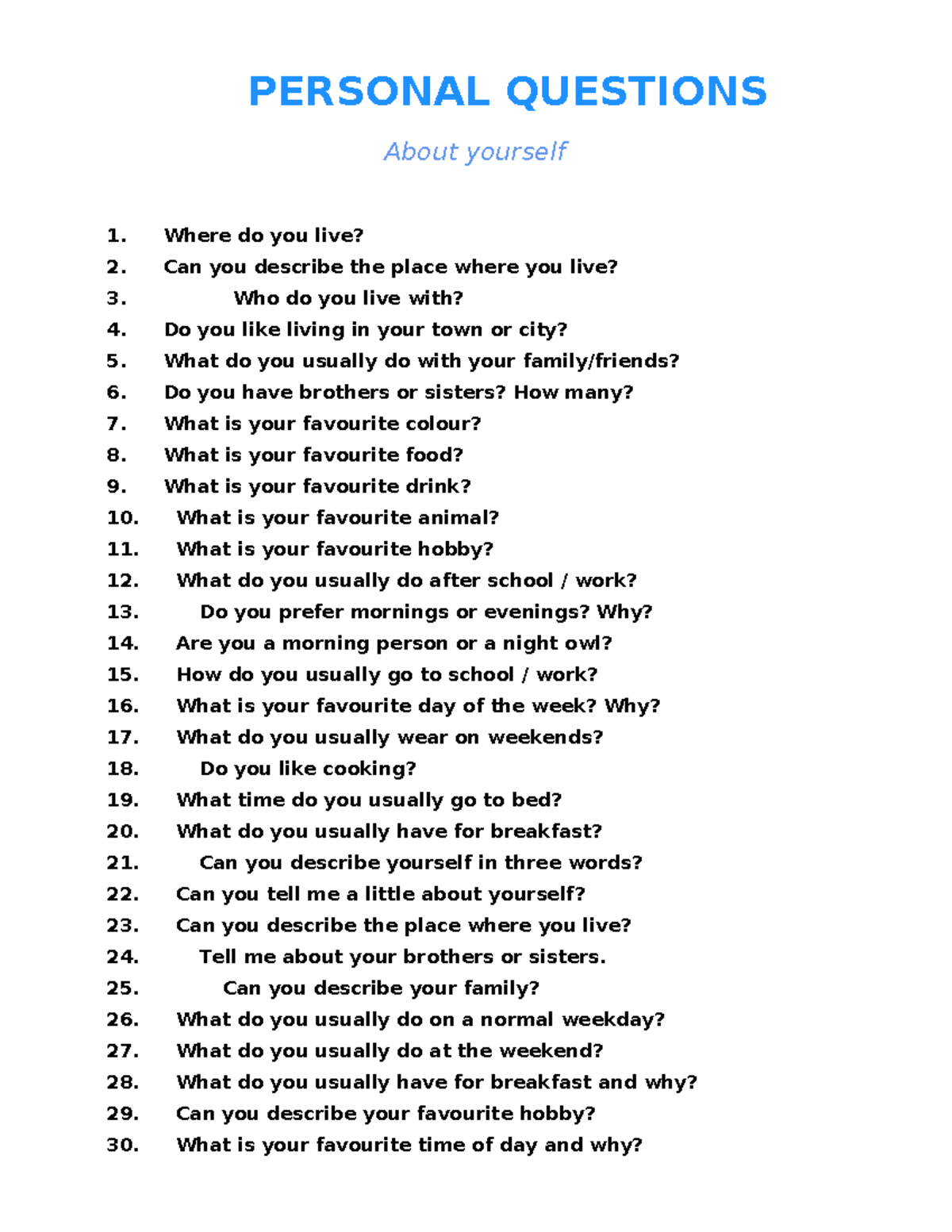 Personal Questions - English Practice Guide - Studocu