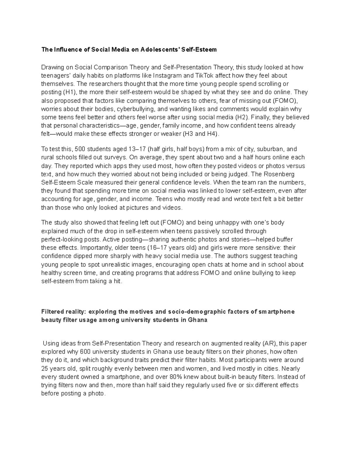 The Impact of Social Media on Self-Perception: A Study on Teens - Studocu