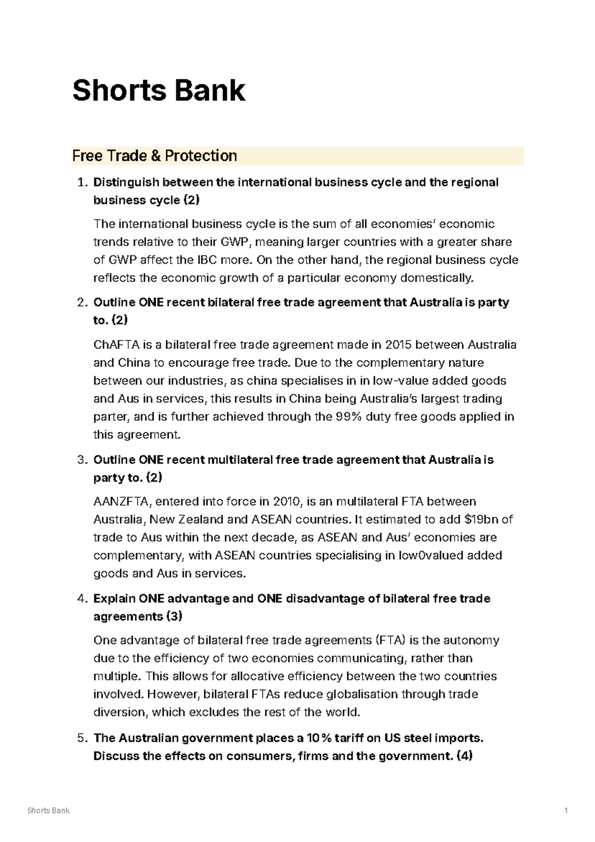 Shorts Bank - Short Answer Questions on Free Trade & Exchange Rates ...