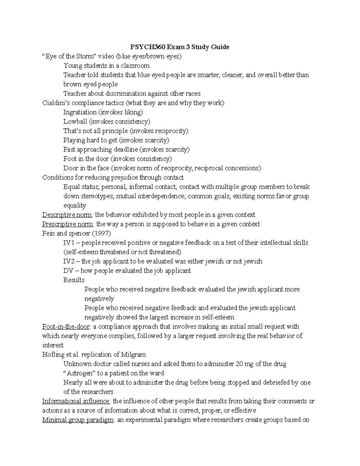 PSYCH360 Exam 3 Comprehensive Study Notes on Prejudice and Compliance ...