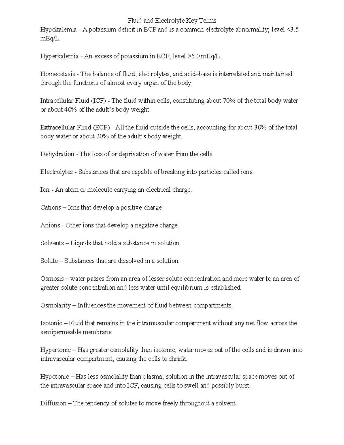 Fluid and Electrolyte Key Terms for Nursing (NUR 101) - Studocu