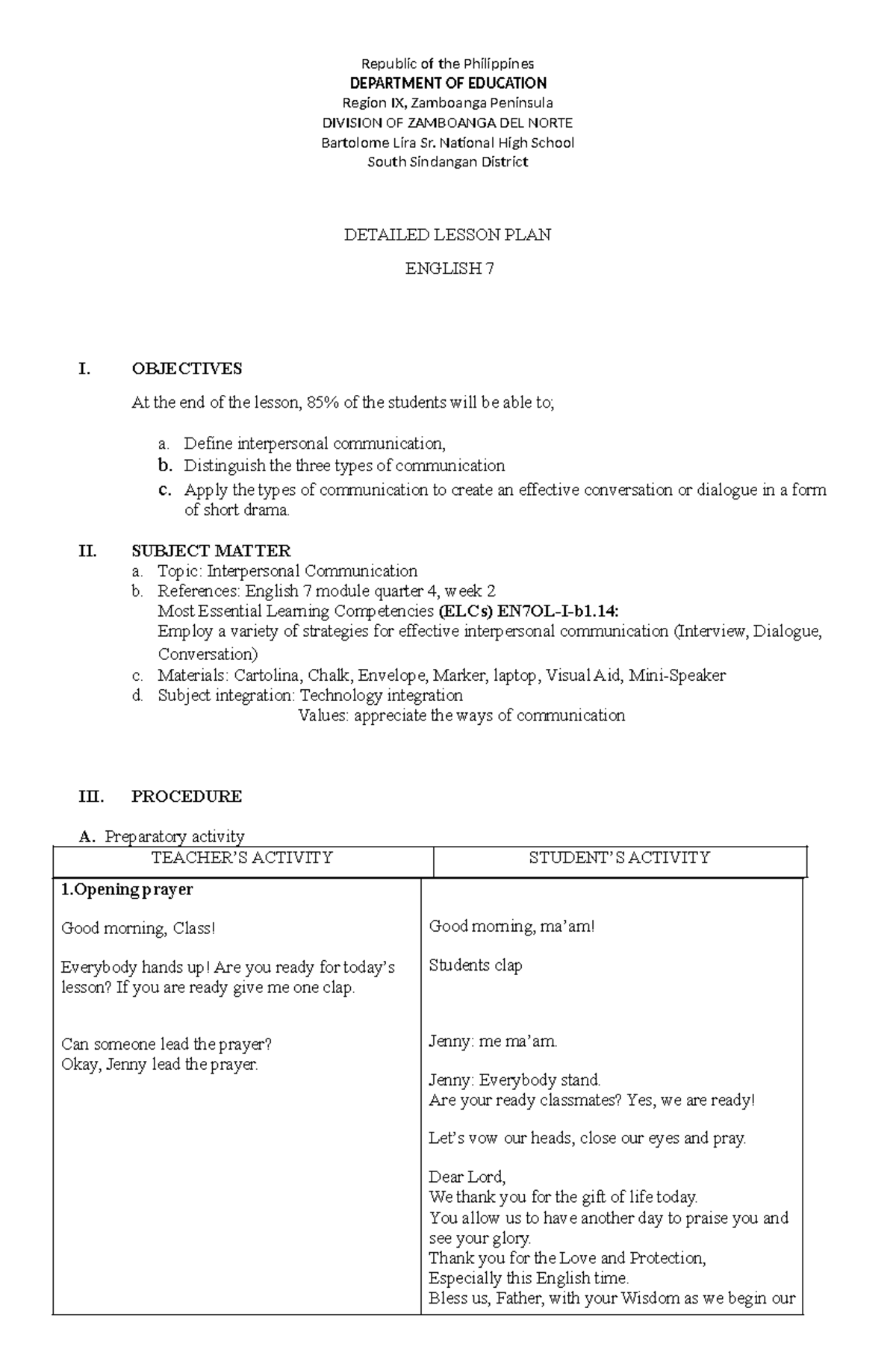 Detailed Lesson Plan on Interpersonal Communication for English 7 - Studocu