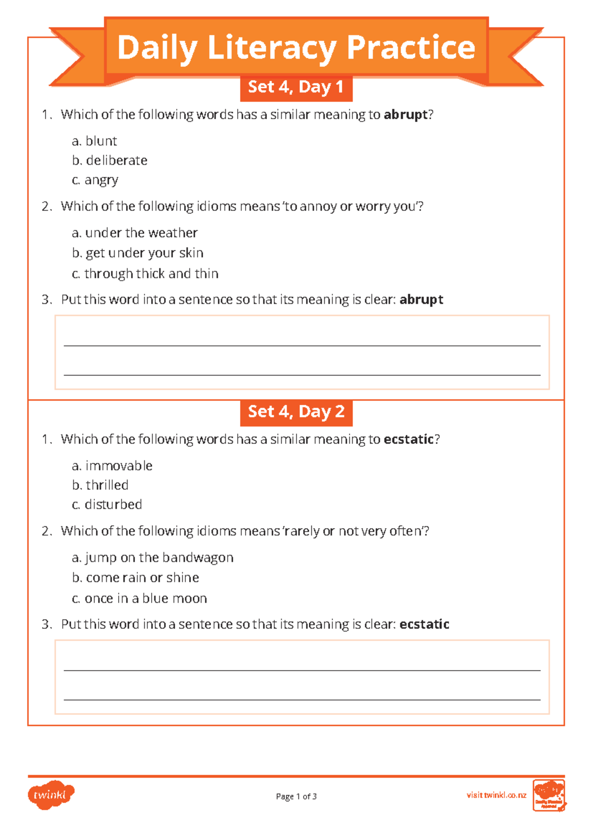 Daily Literacy Practice - Set 4: Vocabulary and Idioms Activities - Studocu