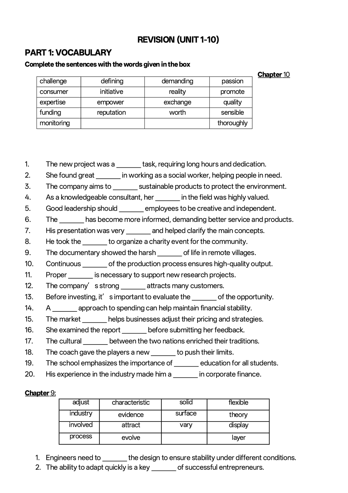 Revision Notes for Vocabulary and Reading Comprehension (Units 1-10 ...