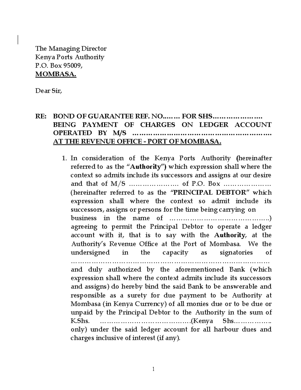 BANK Guarantee Sample for Kenya Ports Authority Ledger Account - Studocu